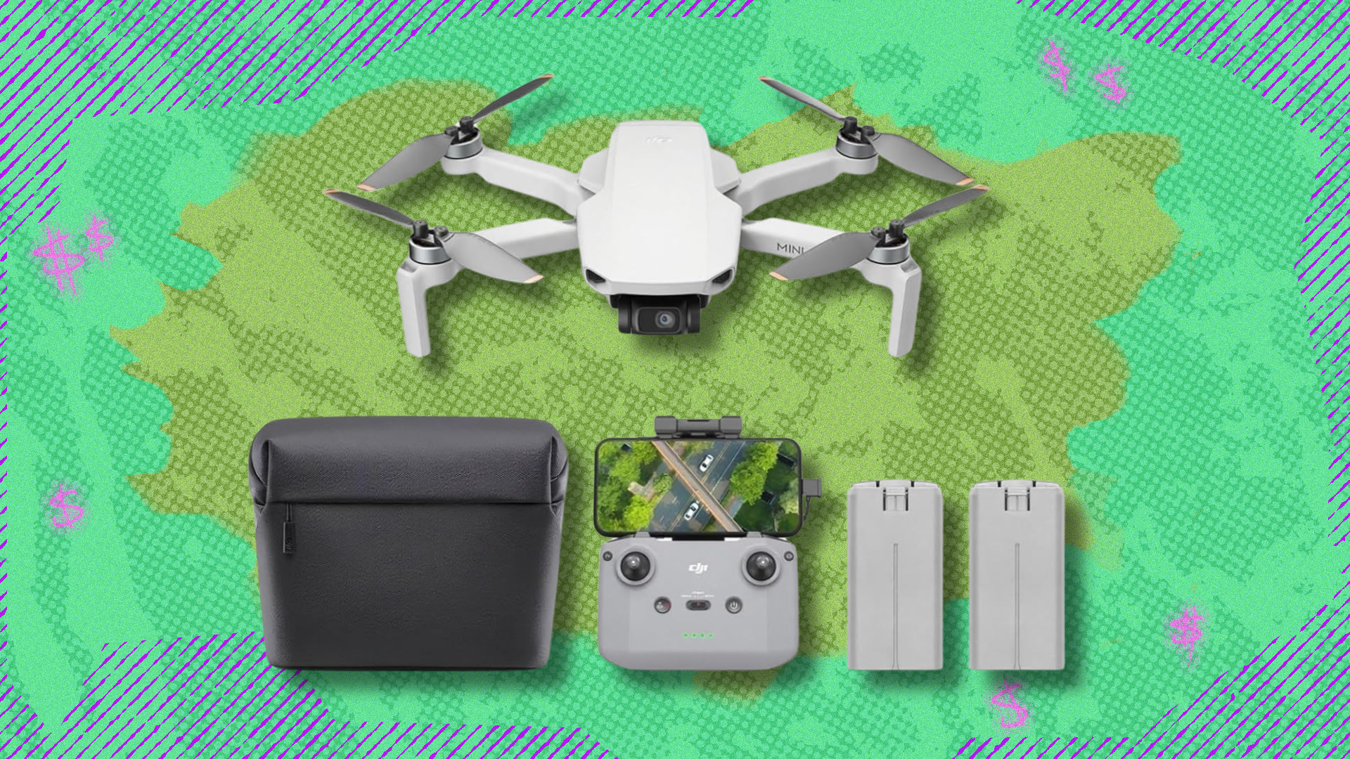 DJI Mini 4K Camera Drone on light and dark green abstract background