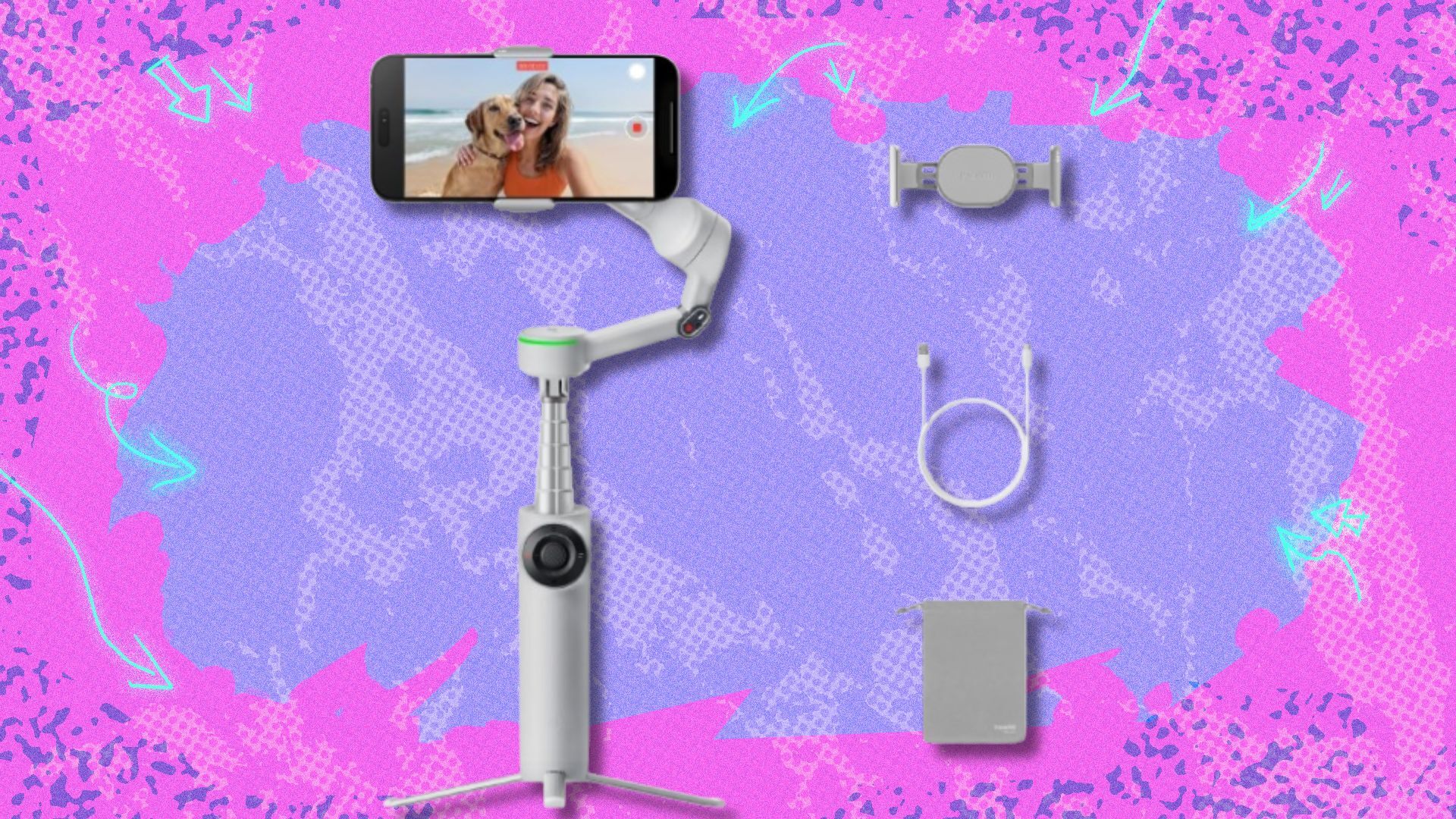 the Insta360 Flow 2 Pro with accessories on a pink and purple background