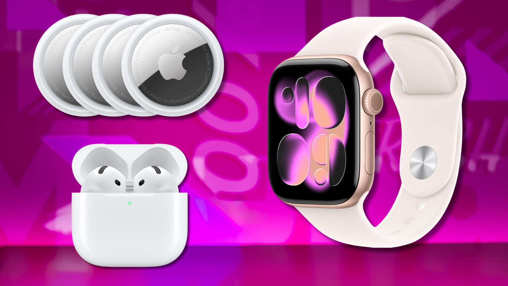 A 4-pack of AirTags, Apple AirPods 4, and an Apple Watch Series 11 on a colorful background