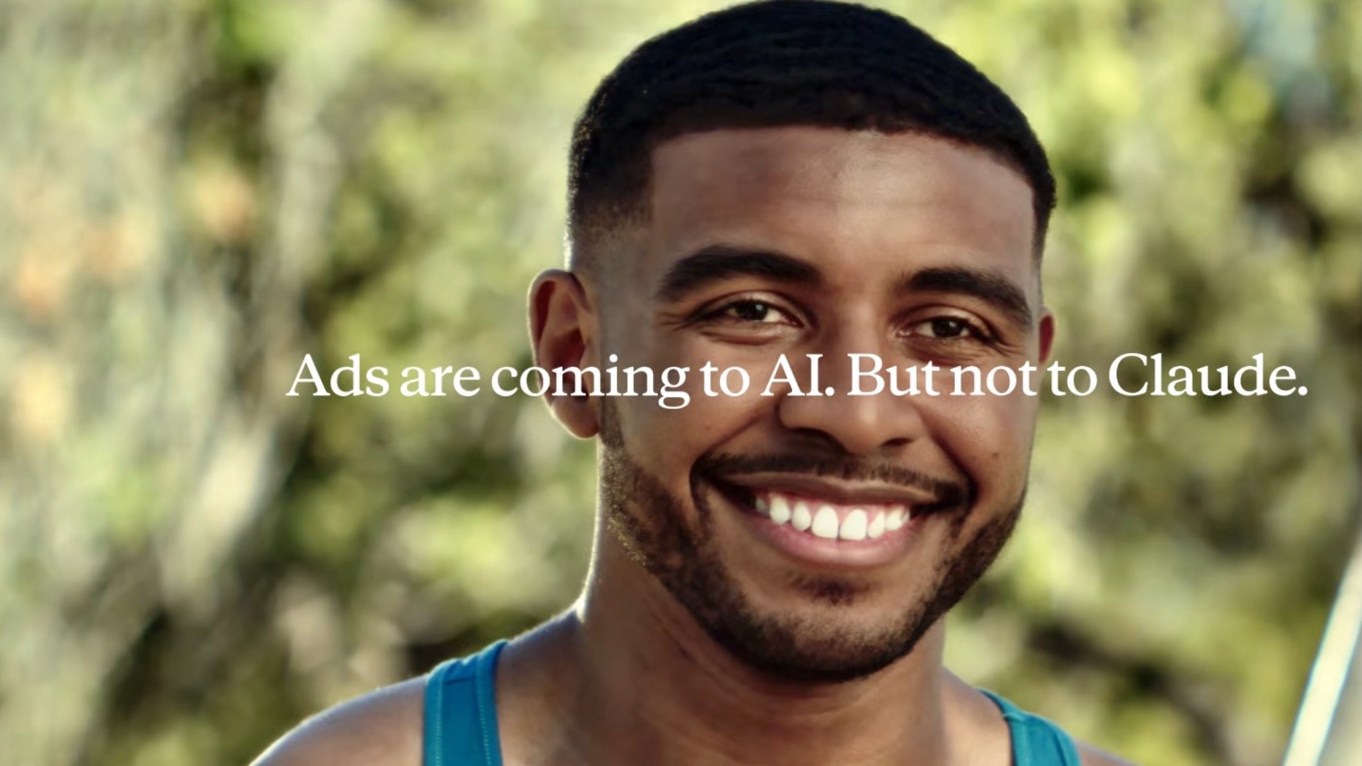 screenshot of anthropic super bowl lx ads featuring handsome black actor and words 'ads are coming to chatgpt. but not to claude.'