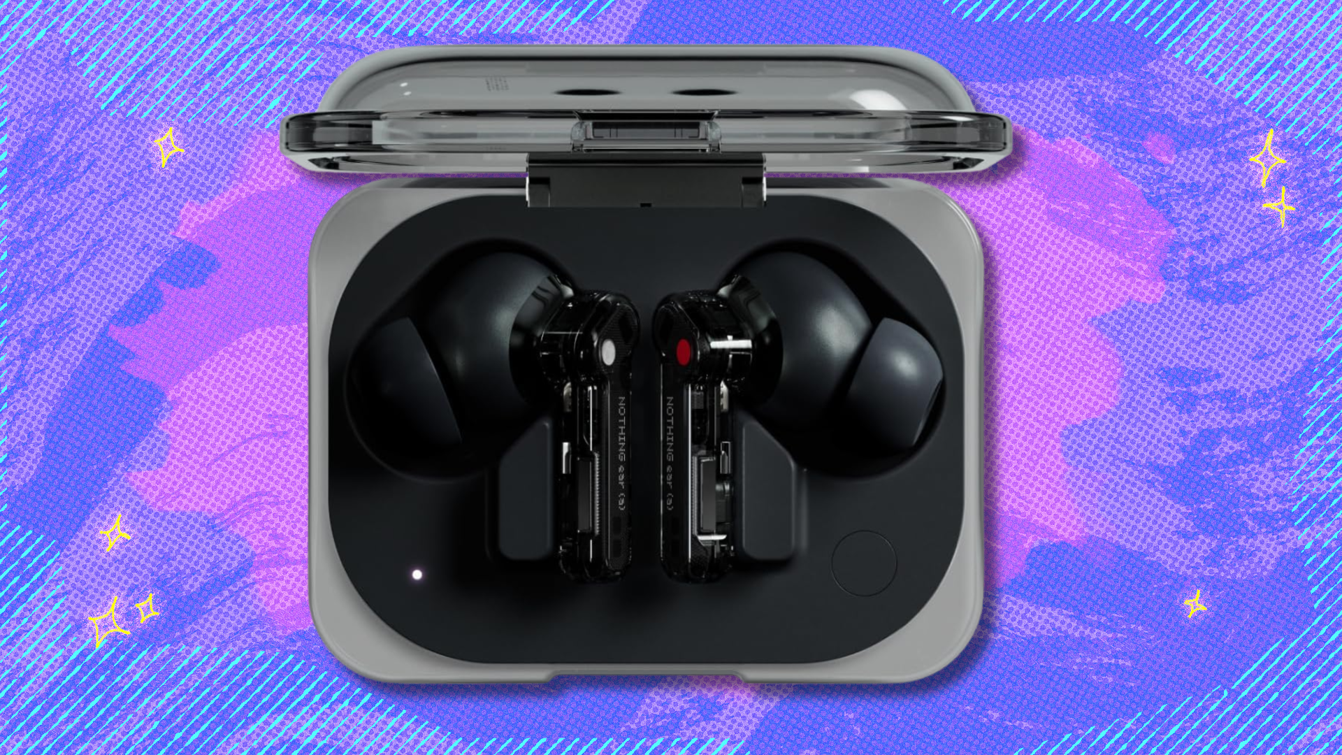 Nothing Ear (a) wireless earbuds on pink and purple abstract background 