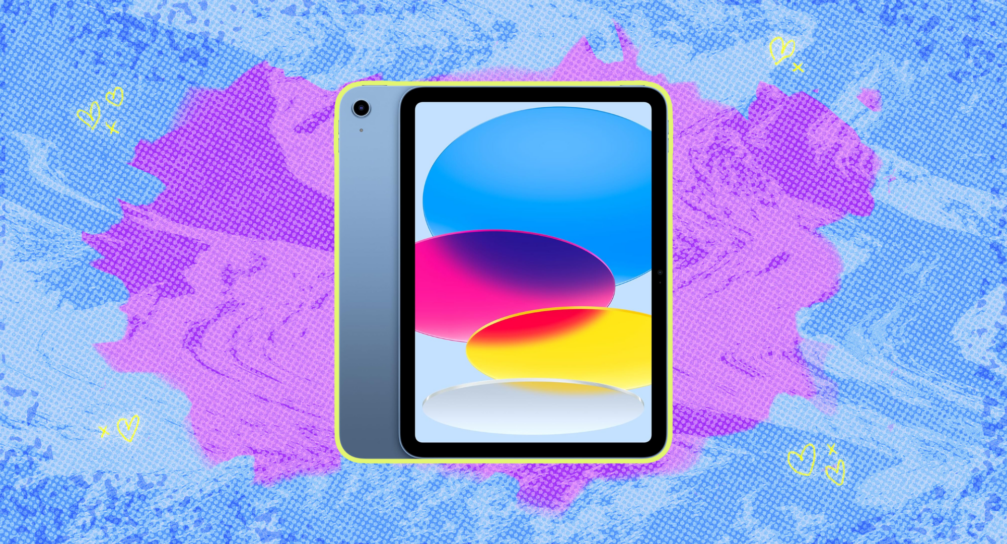 The 110inch A16 iPad against a purple and blue background. 