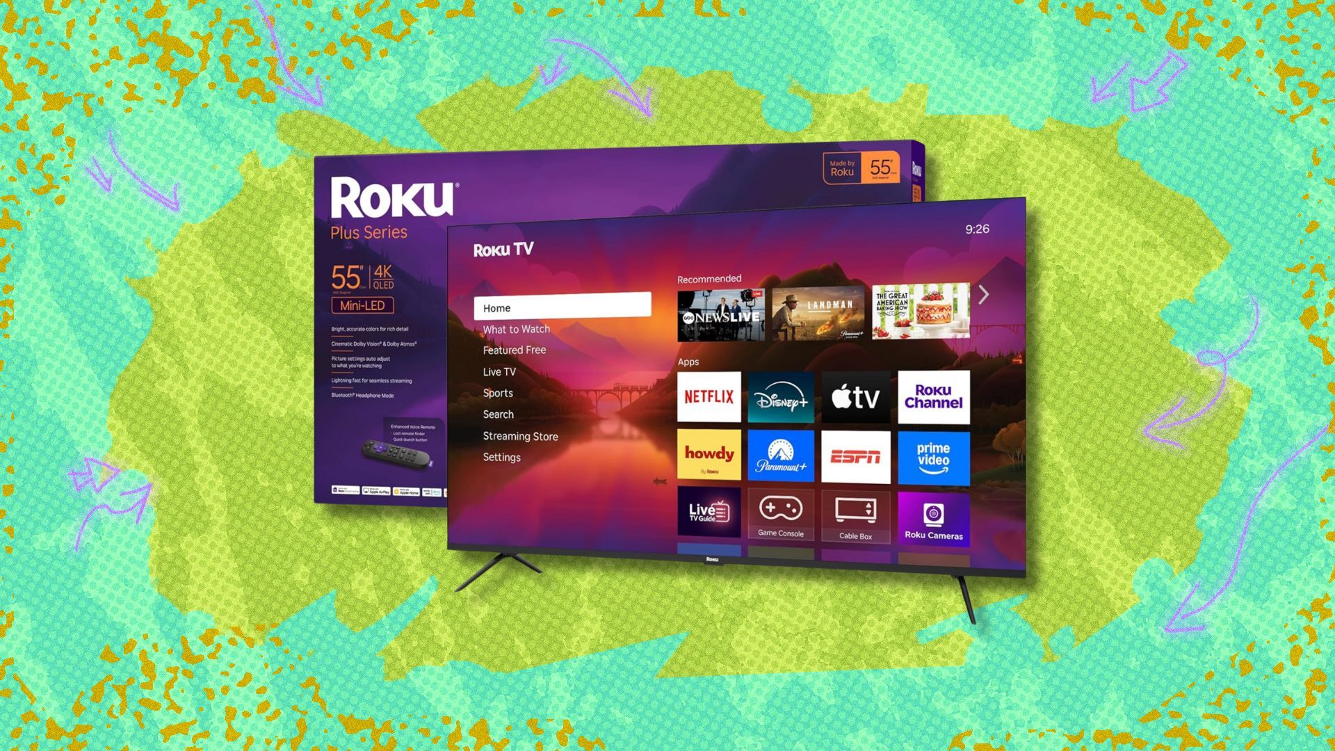 55-inch roku plus series smart mini-led tv against a green patterned background