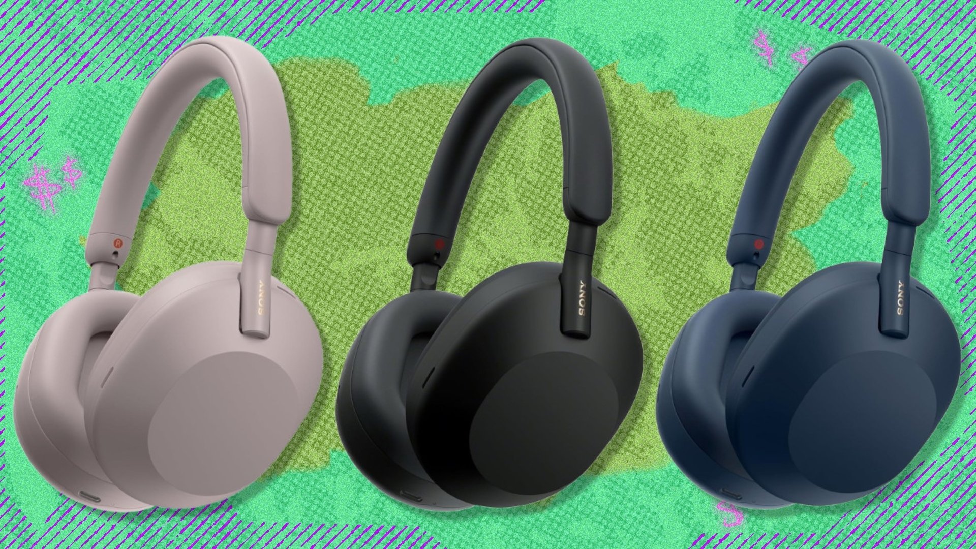 The smoky pink, black, and midnight blue Sony WH-1000XM5 noise nanceling headphones on a green background