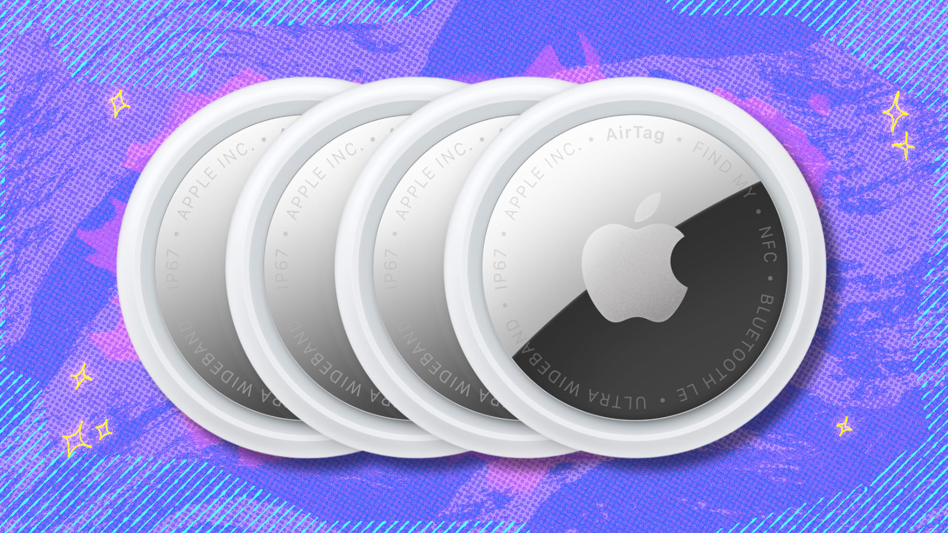 2nd Gen Apple AirTags on pink and purple abstract background