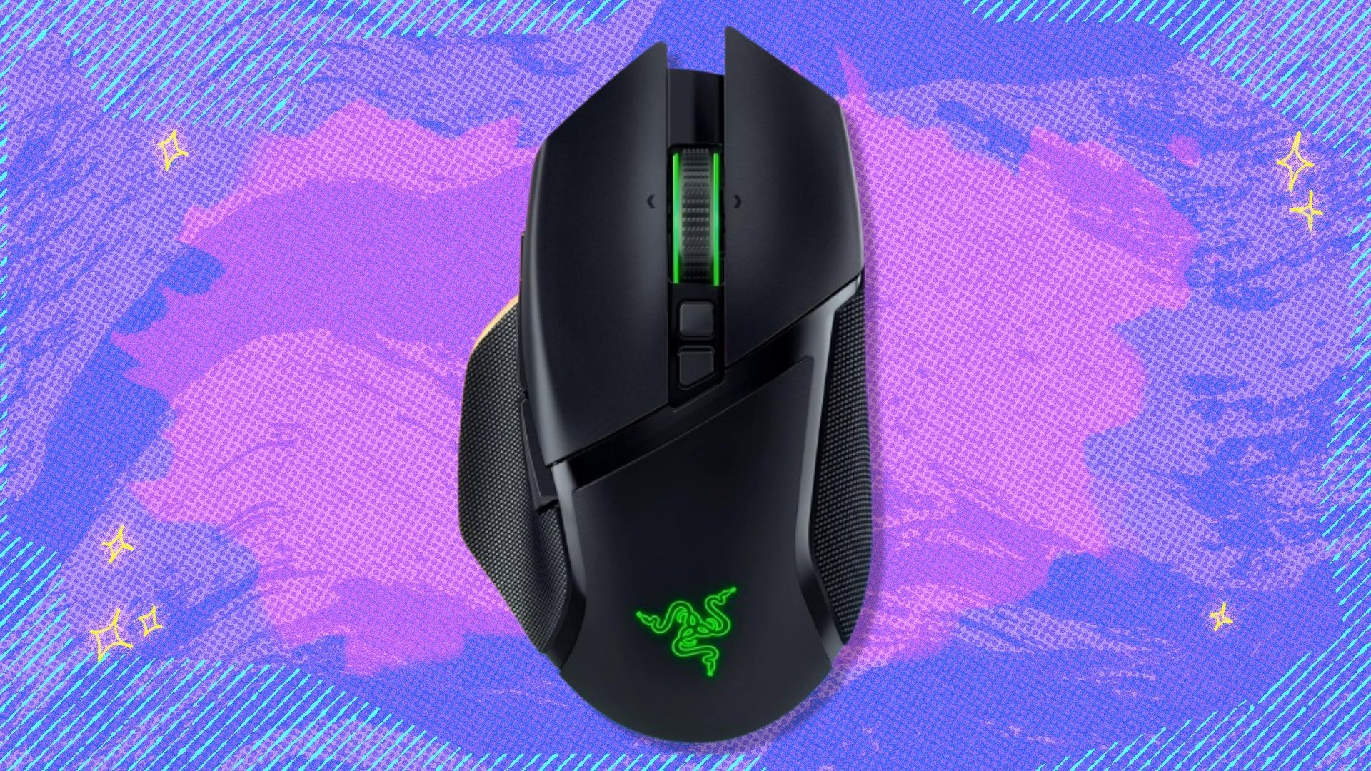 The Razer Basilisk V3 Pro RGB wireless gaming mouse on a purple and blue background
