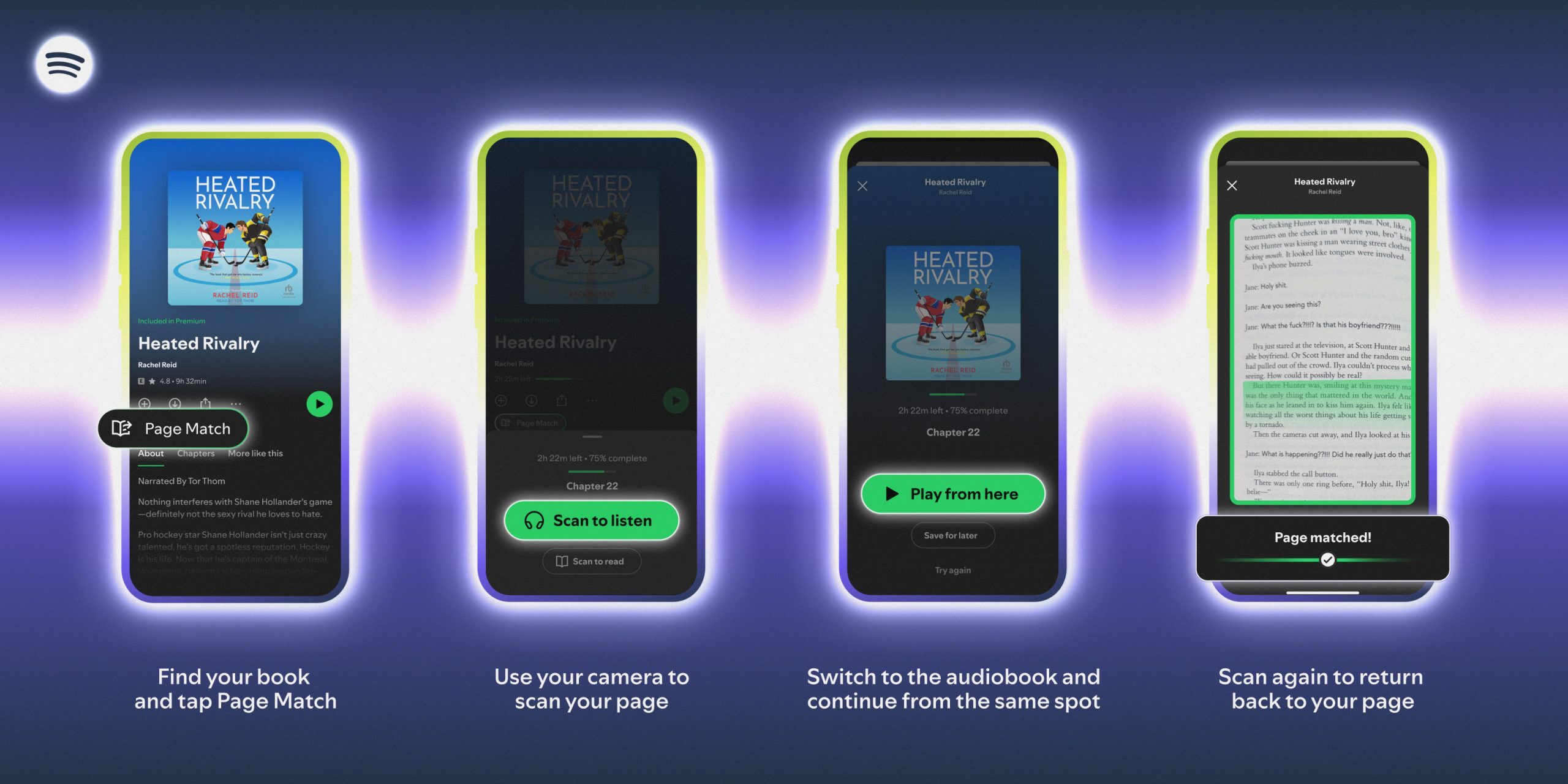 Mock-ups of Spotify's Page Match feature on smartphones on a colourful background.