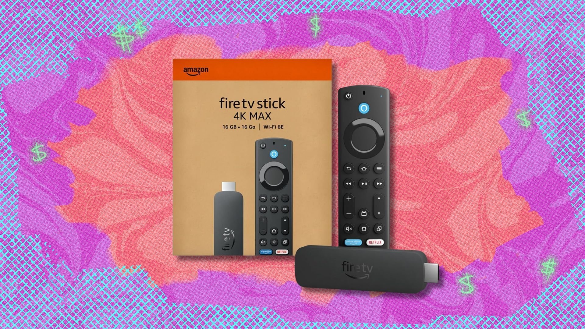 fire tv stick 4k max against a red, purple, and blue patterned background