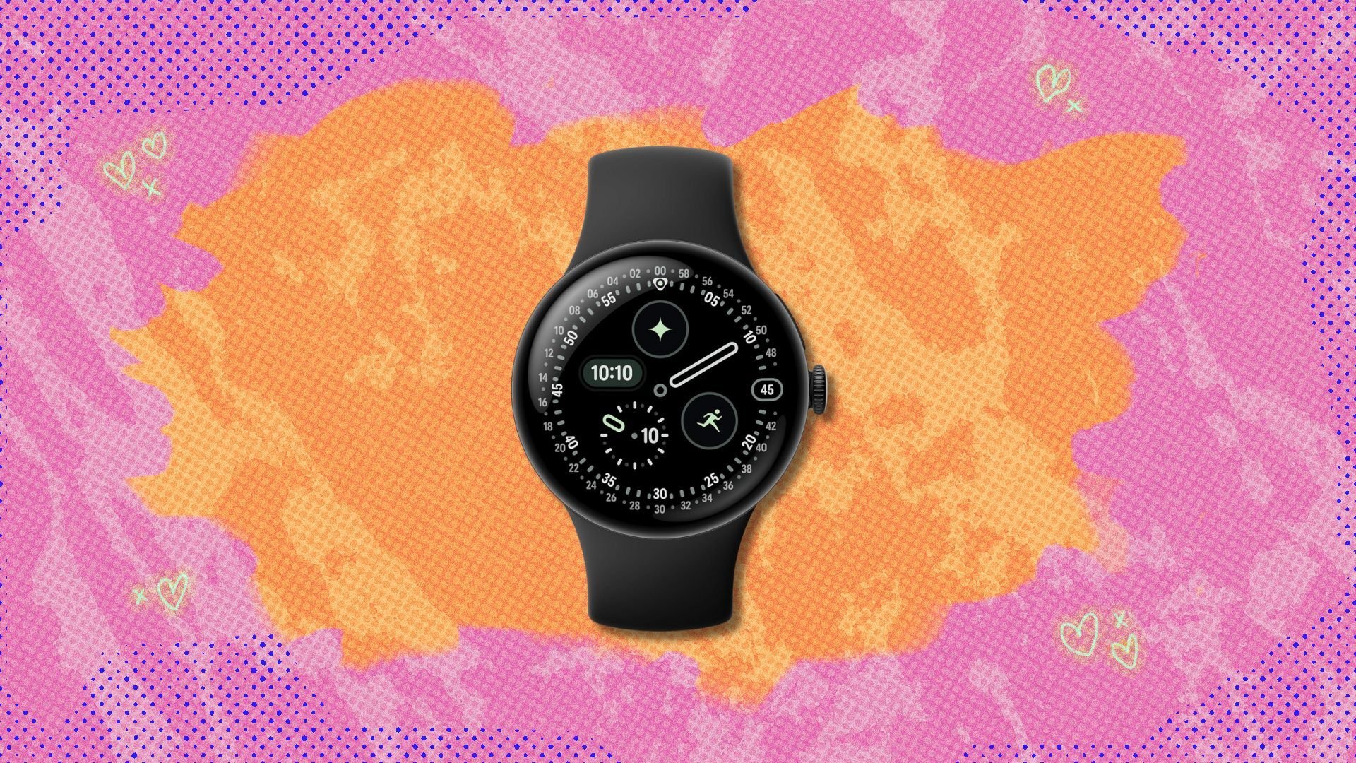 google pixel watch 4 against a pink and orange patterned background