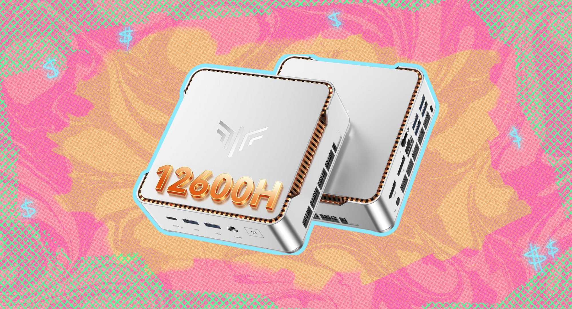 The KAMRUI Pinova P2 Mini PC against a colorful background.