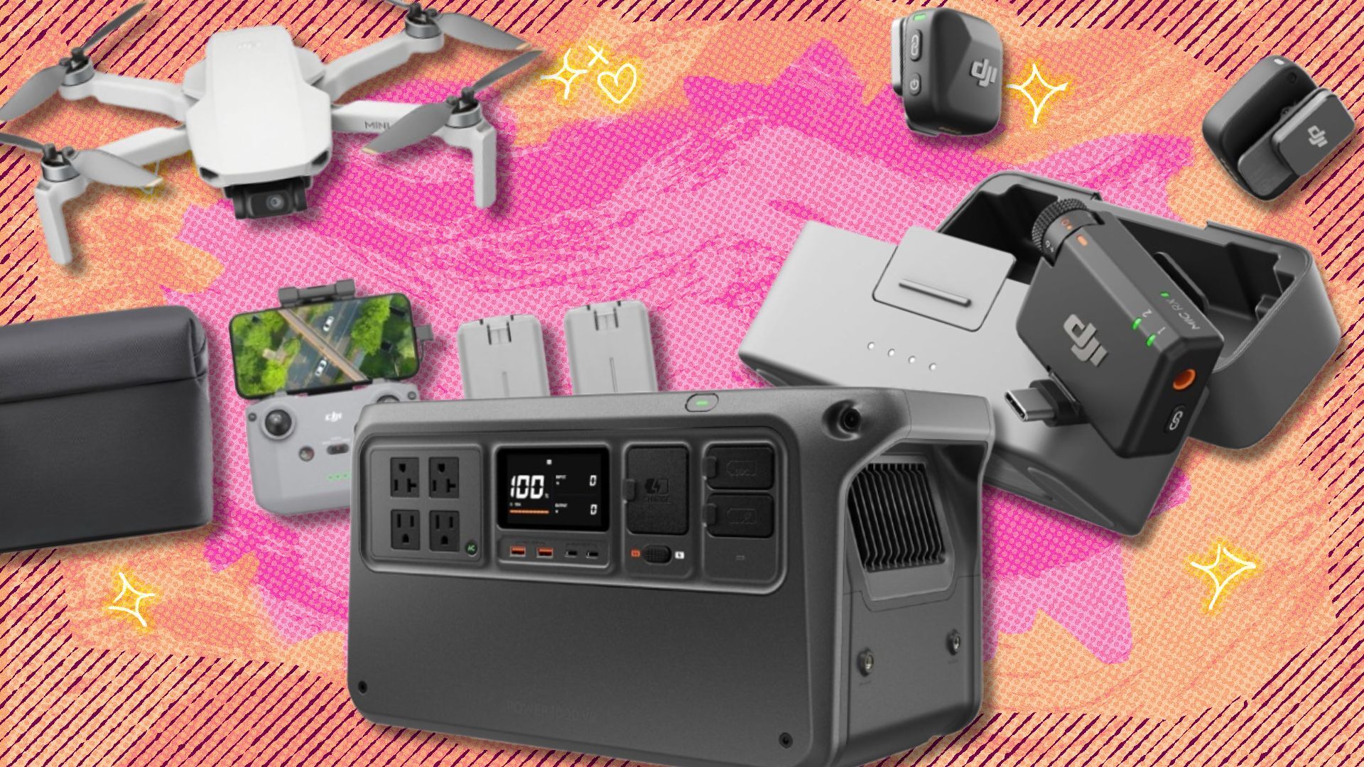 A DJI drone, DJI portable power station, and the DJI Mic mini on a pink and orange background