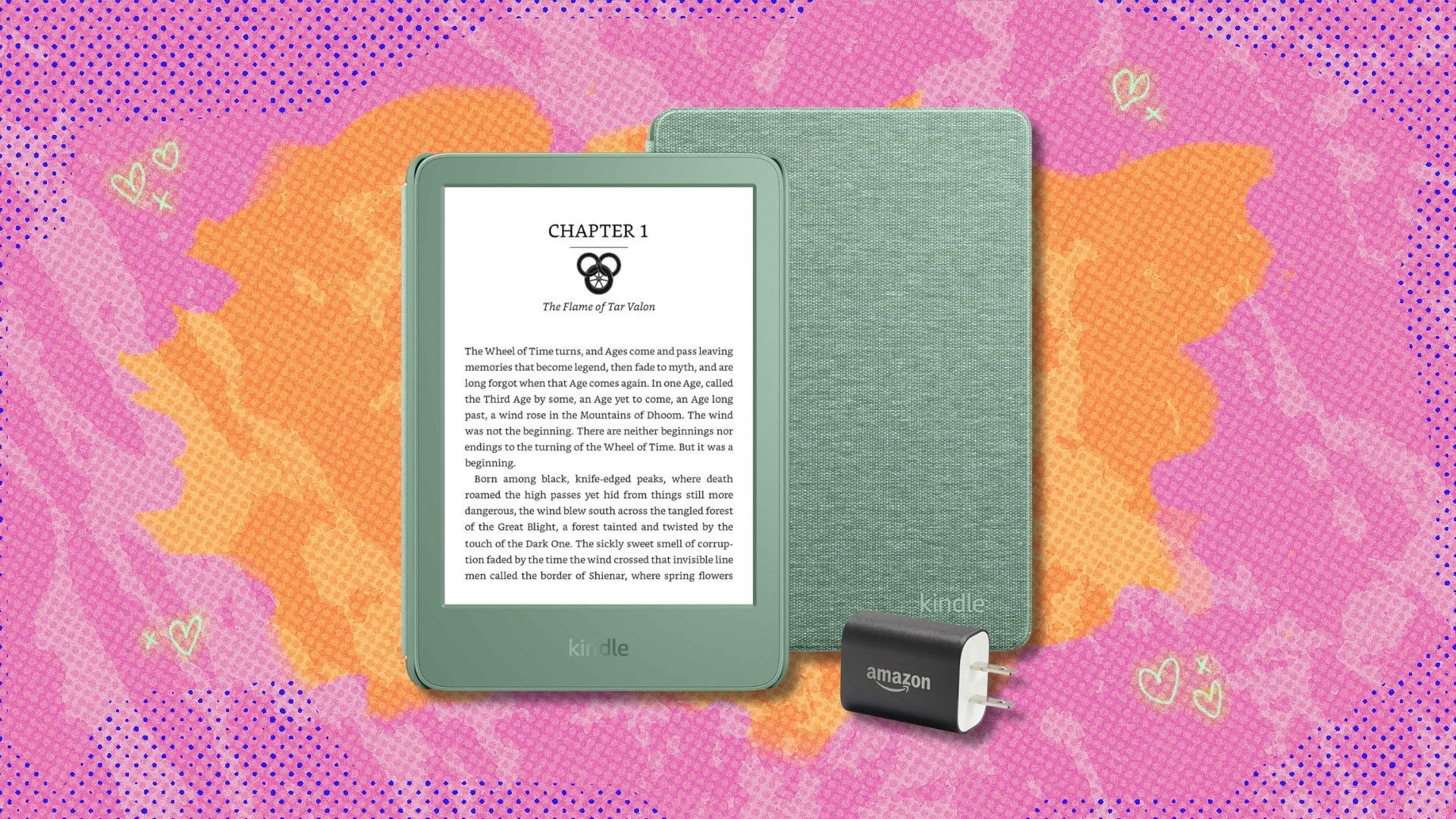kindle essentials bundle against a pink and orange patterned background