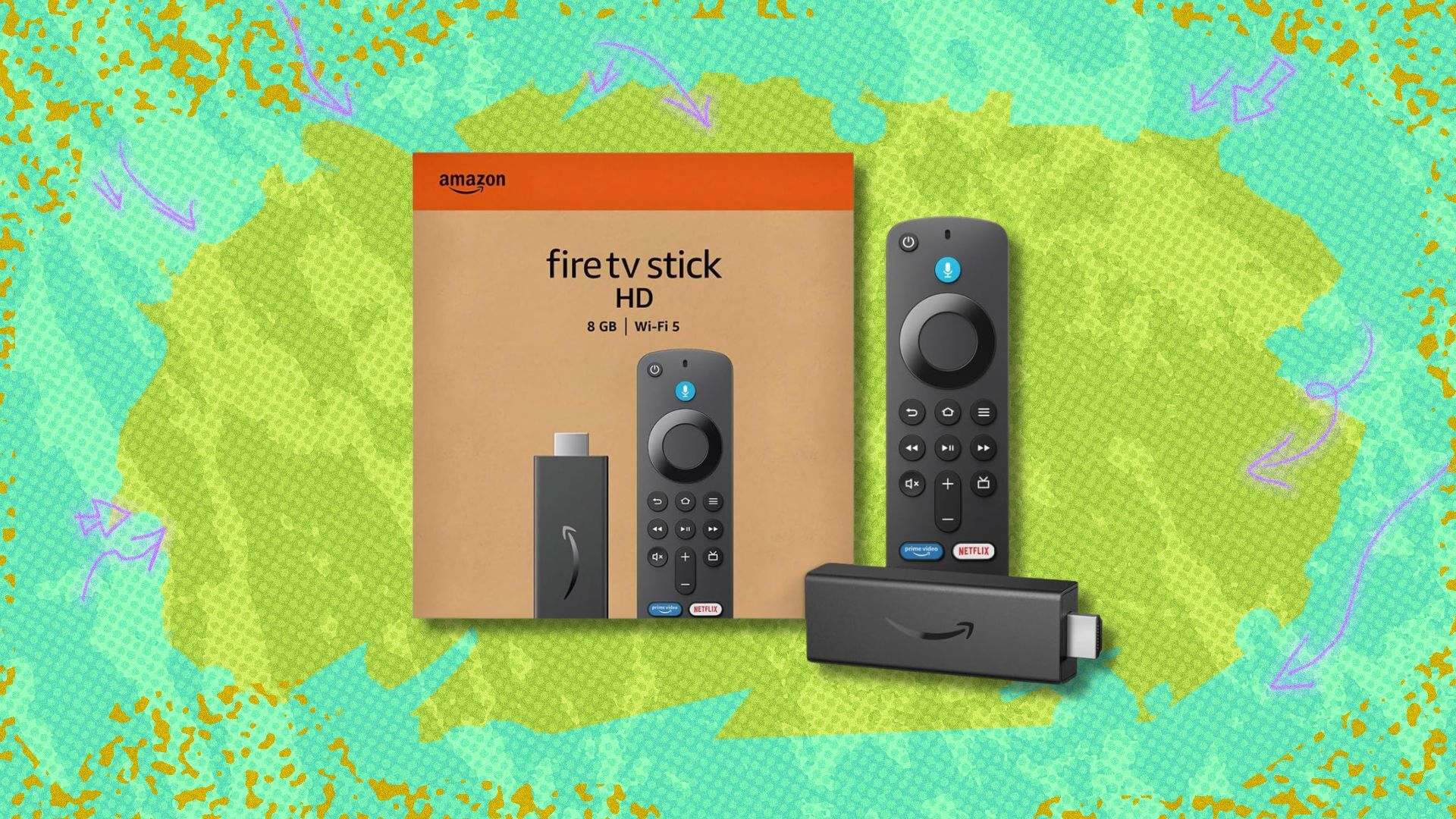 fire tv stick hd streaming stick and box against a green patterned background
