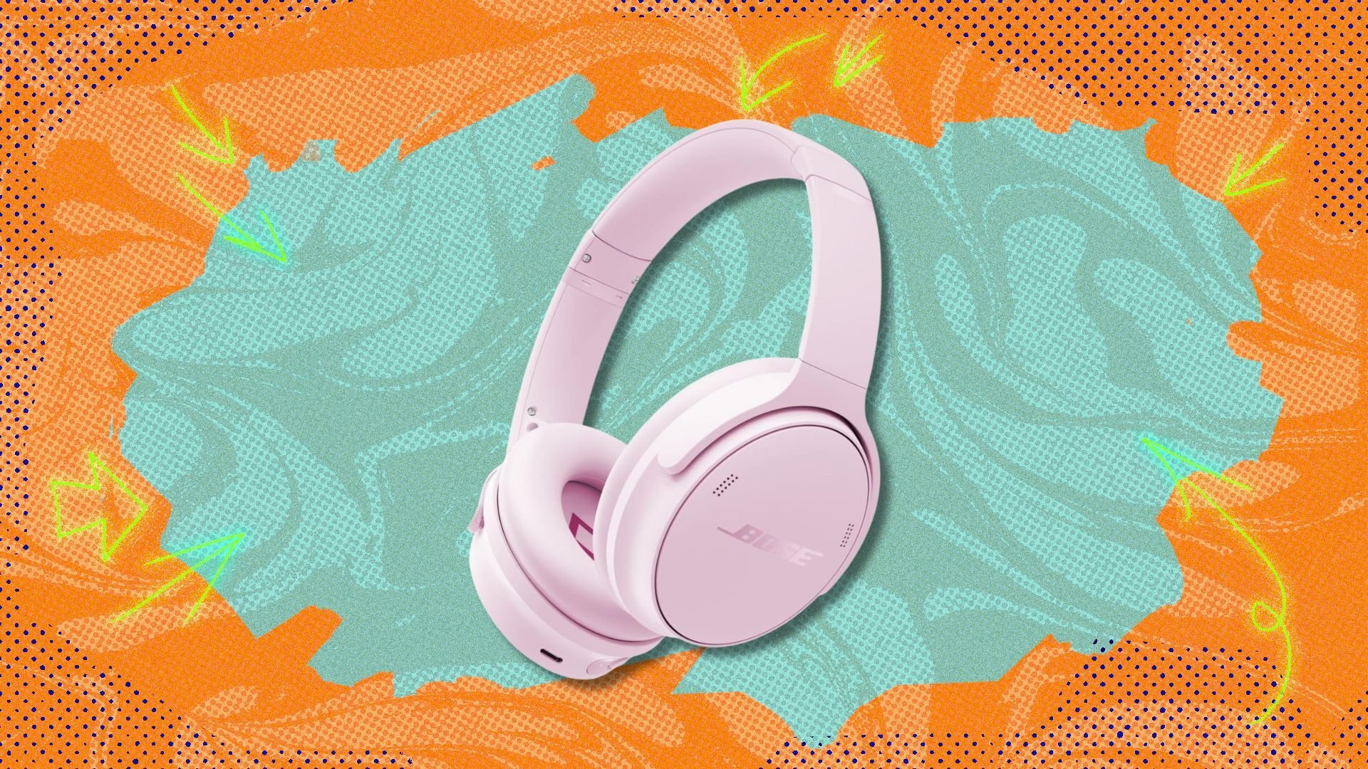 bose quietcomfort headphones against an orange and blue patterned background