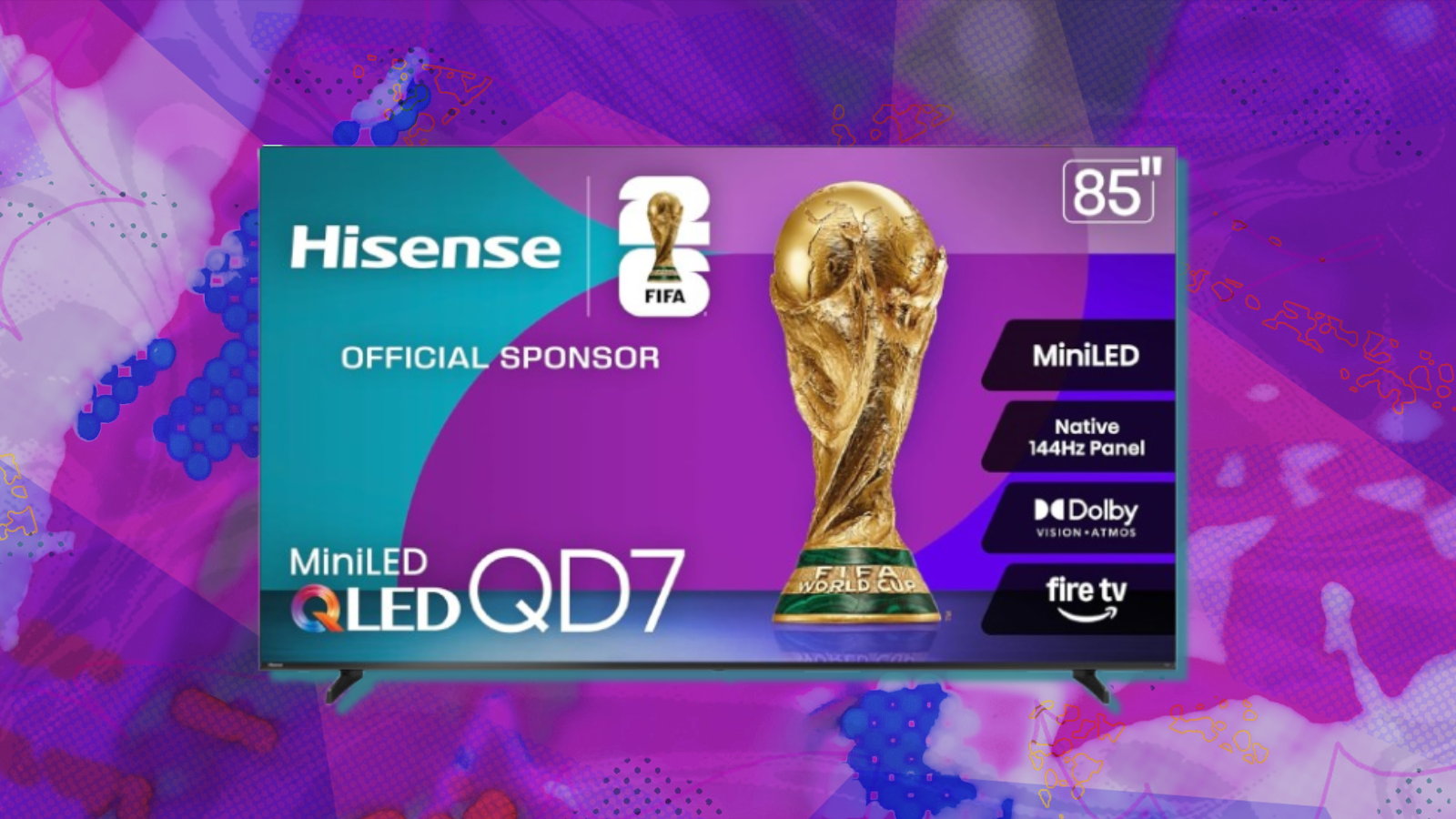 Hisense Qd7 TV with purple background