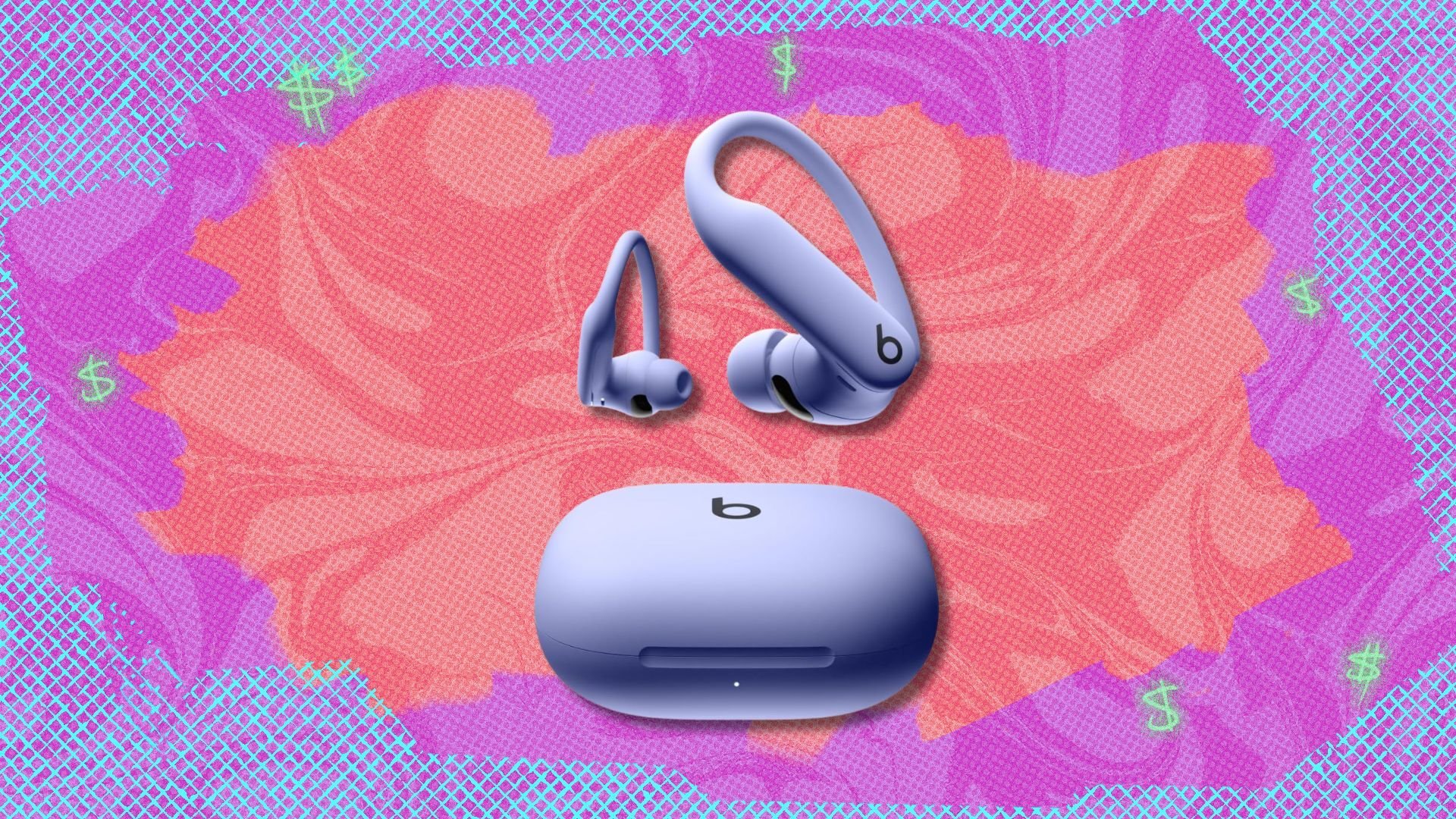 beats powerbeats pro 2 against a red, purple, and blue patterned background