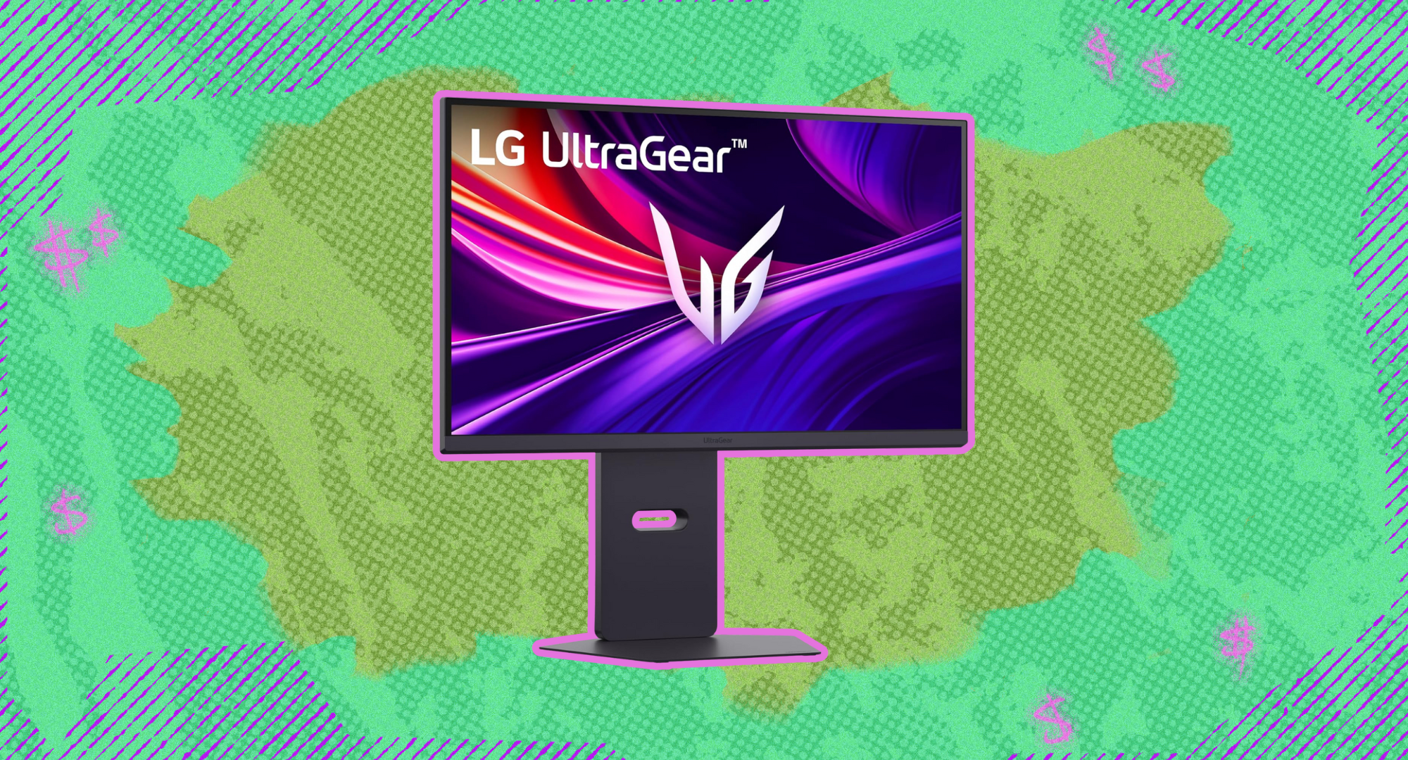 The LG 27-inch UltraGear gaming monitor against a green background.