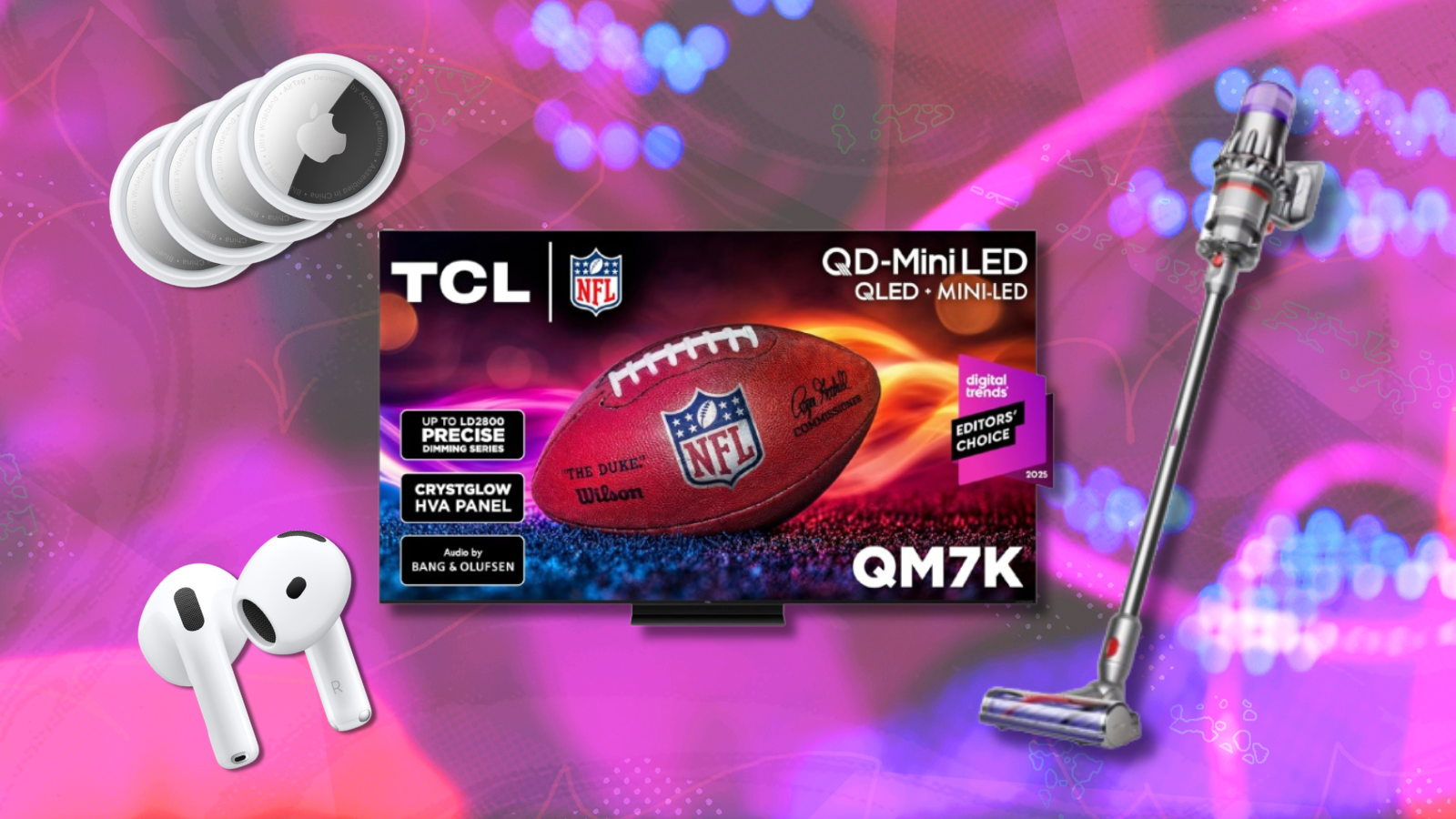 Apple AirTags, AirPods, TCL TV, and Dyson vacuum with pink background