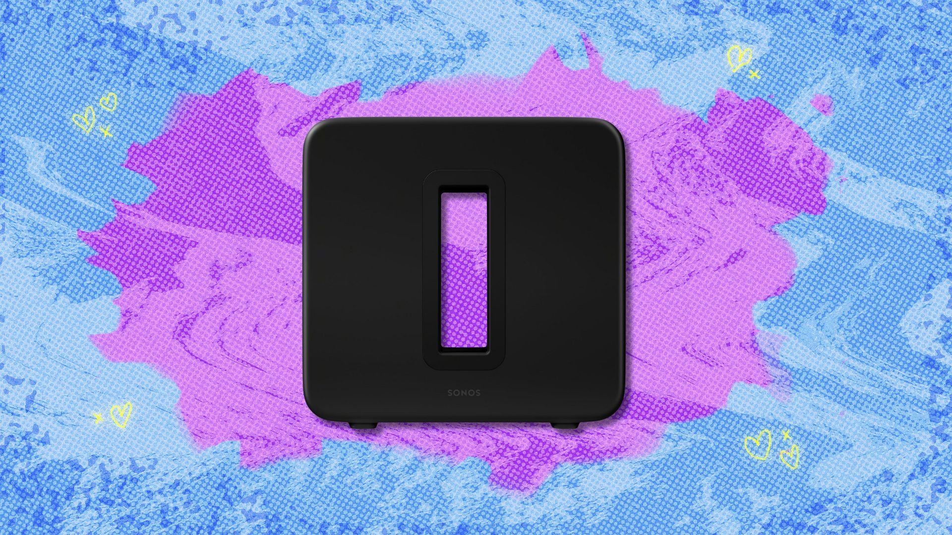 sonos sub 4 against a blue and purple patterned background