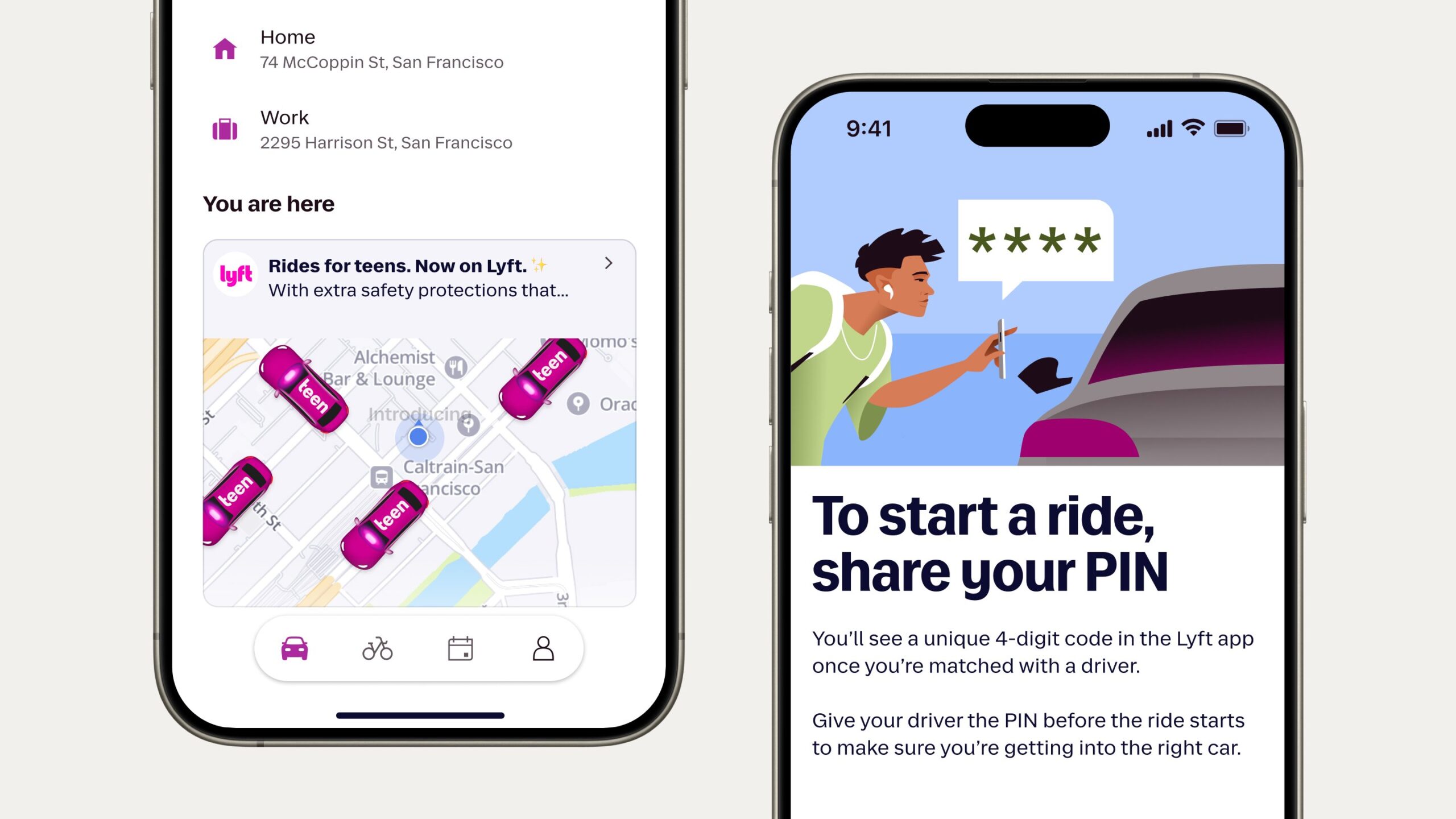 Two phone screens, one shows the Lyft app's map, the other displays the PIN verification screen. 