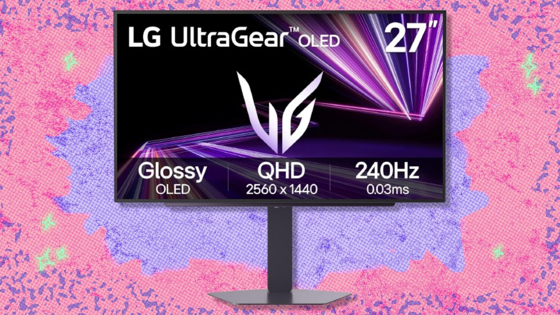 The The 27-inch LG Ultragear QHD OLED gaming monitor (27GX704A-B) on a red and purple background