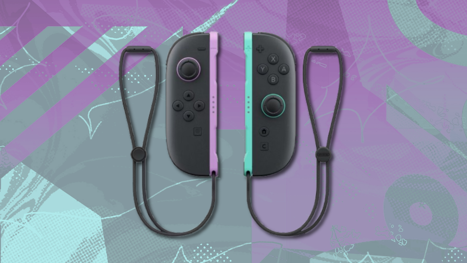 Nintendo Switch 2 Joy-Con controllers in purple and green with abstract background