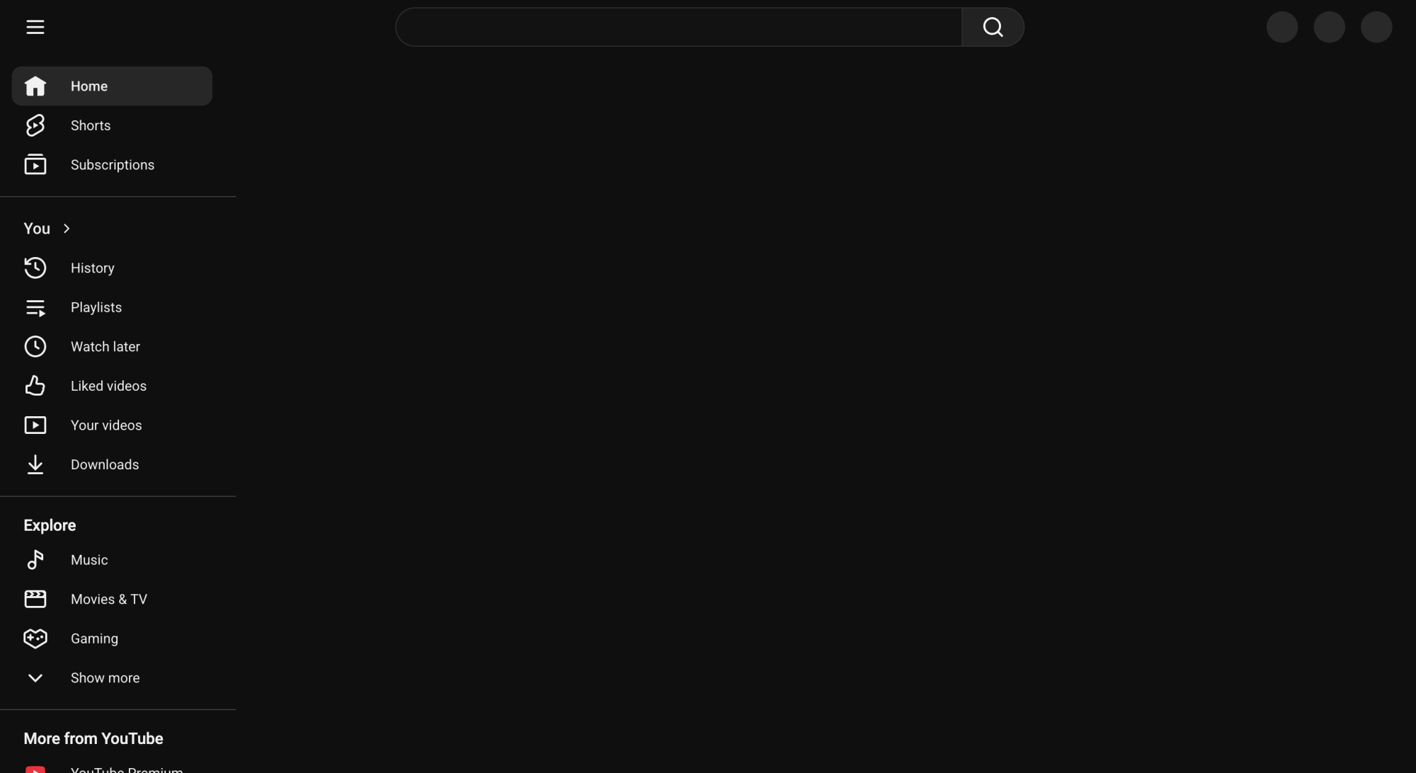 The YouTube homepage goes dark in this screenshot