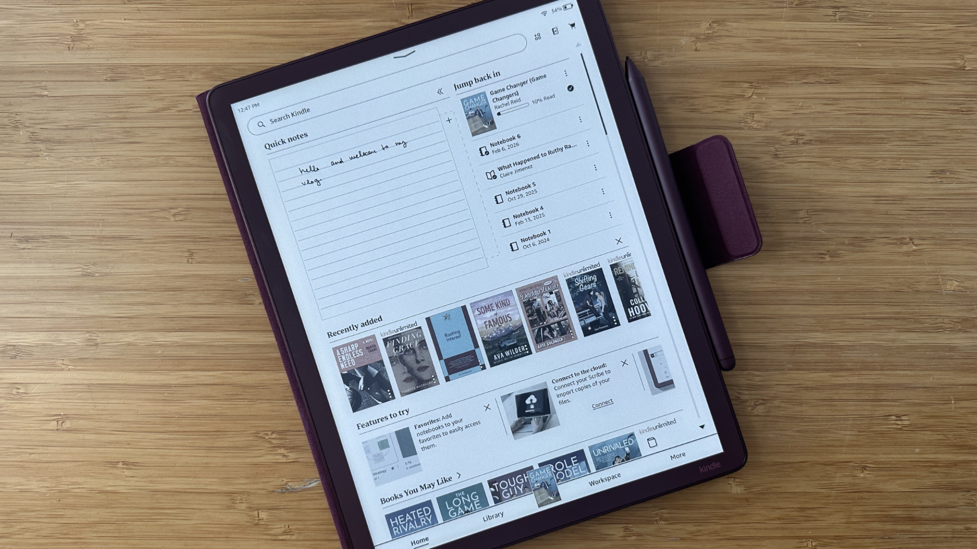 A Kindle Scribe Colorsoft showing the home page