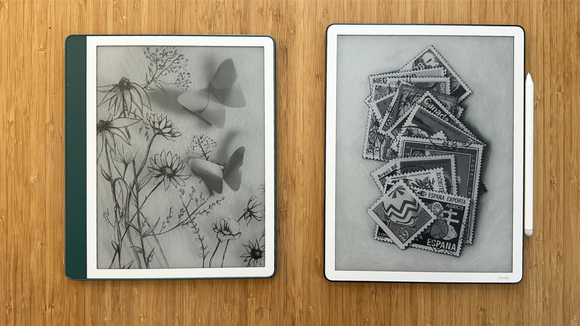 The 2024 Kindle Scribe on the left and the 2025 Kindle Scribe on the right.