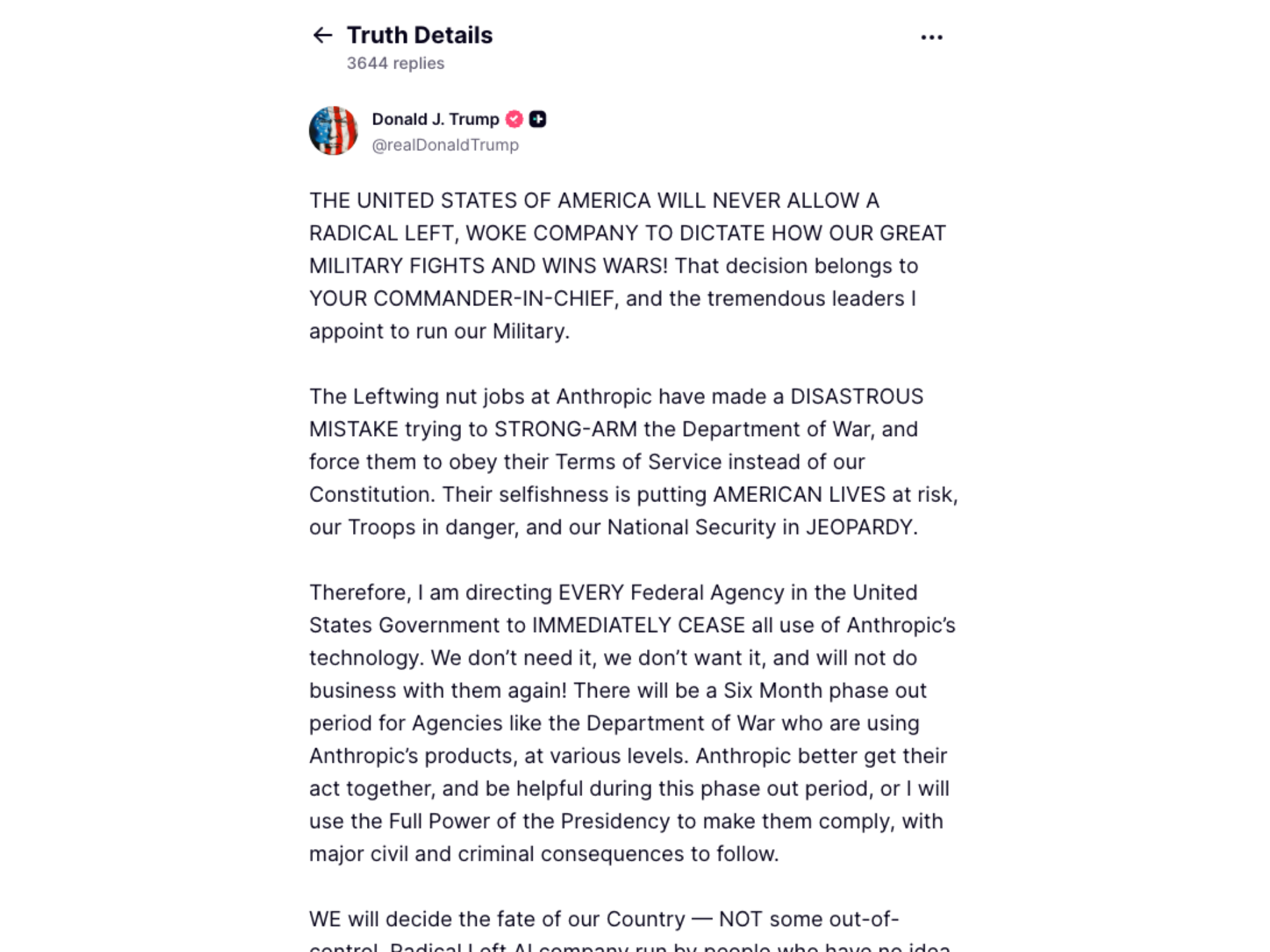 a screenshot of president trump's truth social post about anthropic