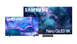 Samsung Crystal UHD TV and Neo QLED 8K TV with abstract blue and purple screensavers