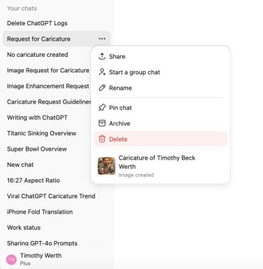 screenshot of chatgpt interface showing archived chats and option to delete