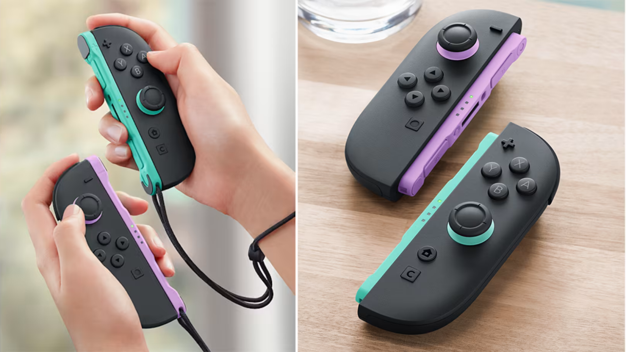 Nintendo Switch 2 Joy-Con controllers in purple and green