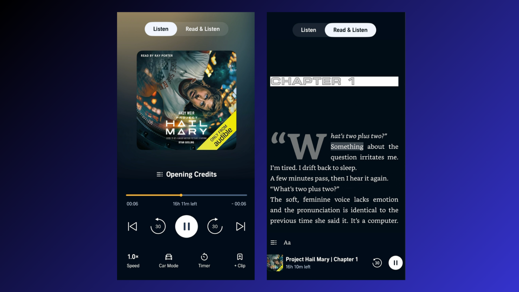 Two views of the Audible app's Read & Listen feature