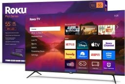 55-inch roku plus series smart mini-led tv against a white background
