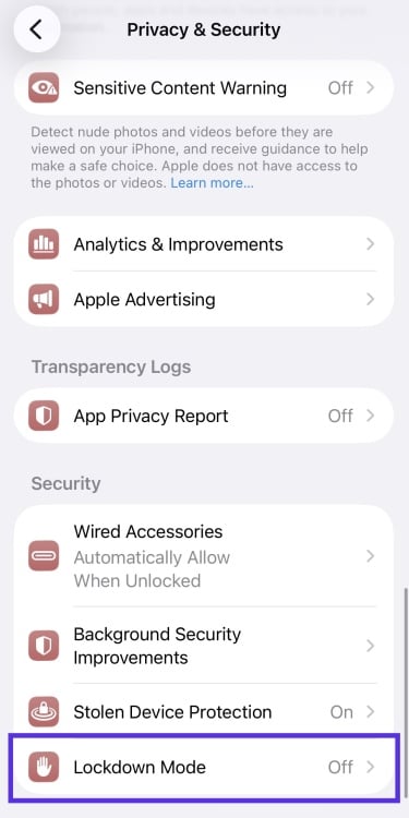 A screenshot of iPhone settings showing "Lockdown Mode" highlighted.