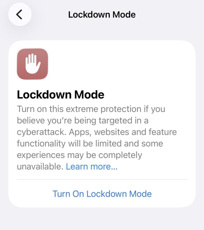A screenshot of iPhone settings showing "Turn on Lockdown Mode" screen.