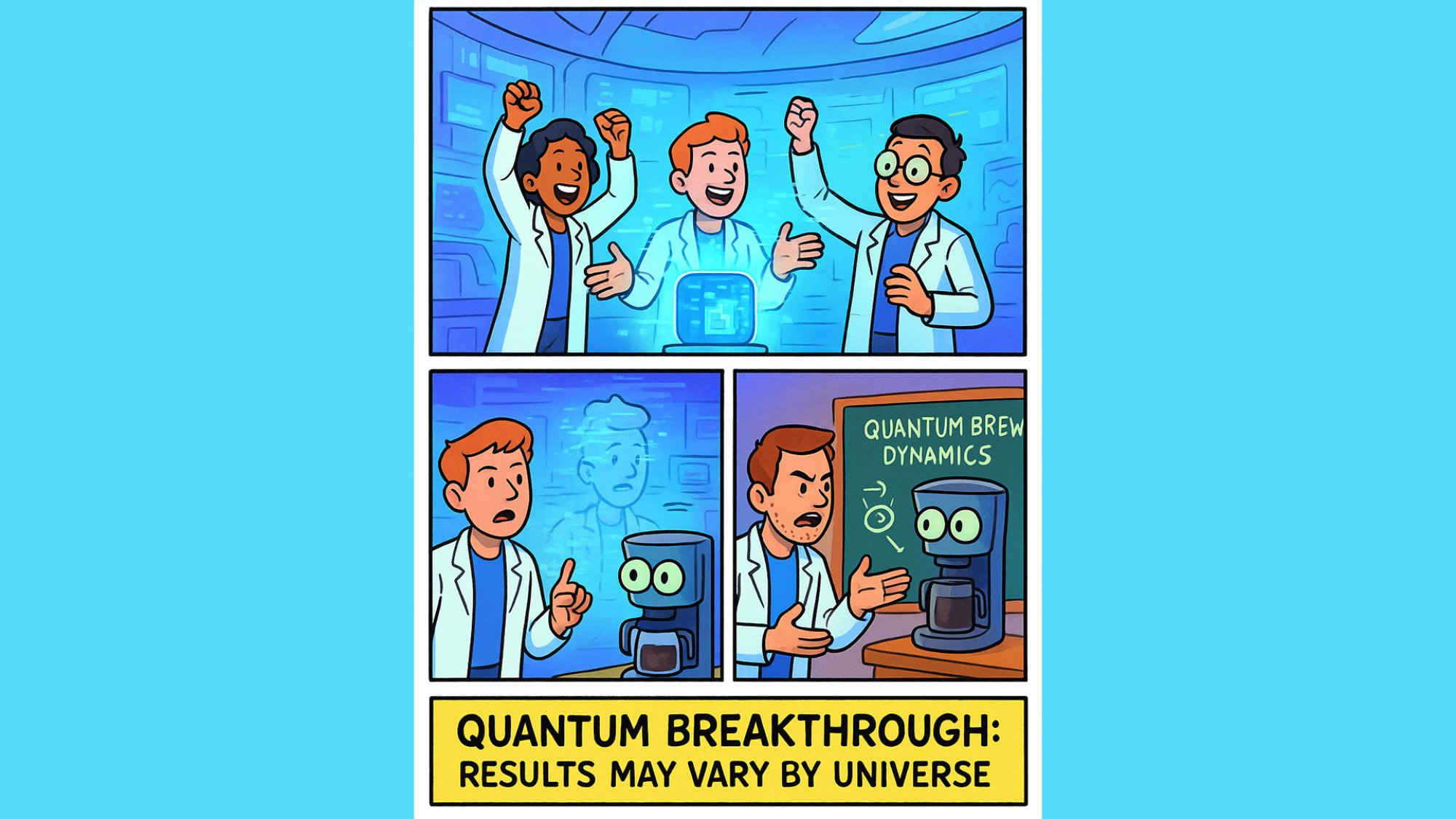 A three-panel cartoon. In one panel, scientists are celebrating in a technology-laden room. In the second, a scientist is talking to a sentient coffee maker. In the third panel, a scientists is arguing angrily with the same coffee maker in front of a chalkboard reading "Quantum brew dynamics." At the bottom of the cartoon is the caption "Quantum breakthrough: results may vary by universe."