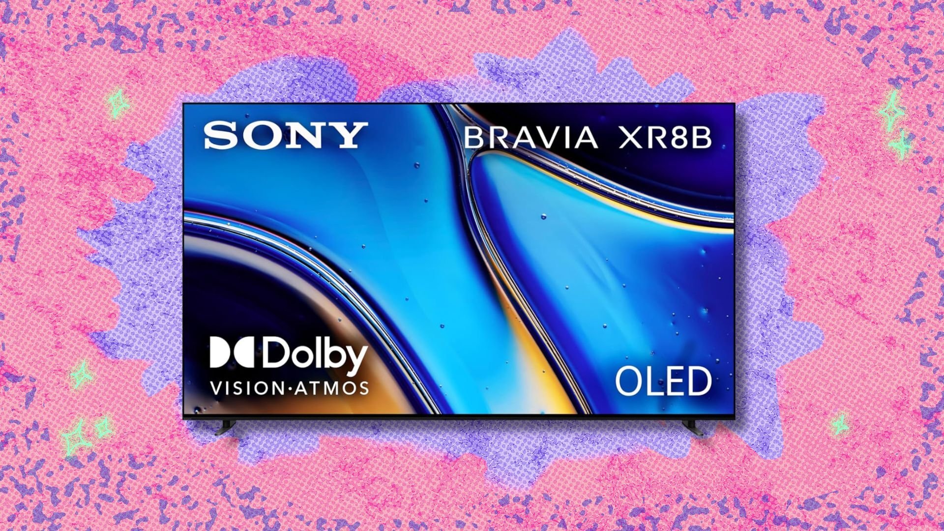sony 65-inch bravia xr8b oled 4k tv against a pink and purple patterned background