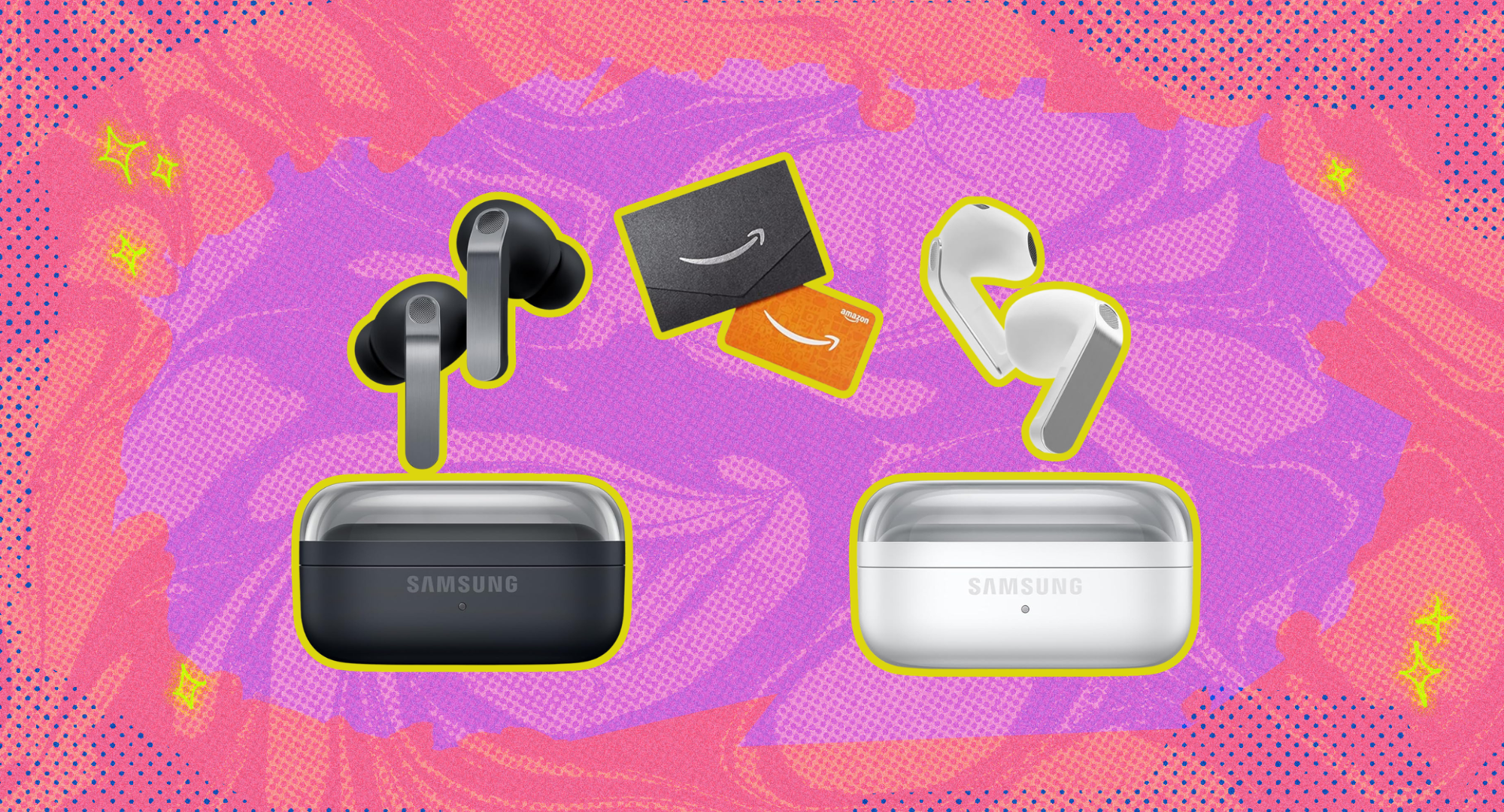 Samsung galaxy buds against a colorful background. 