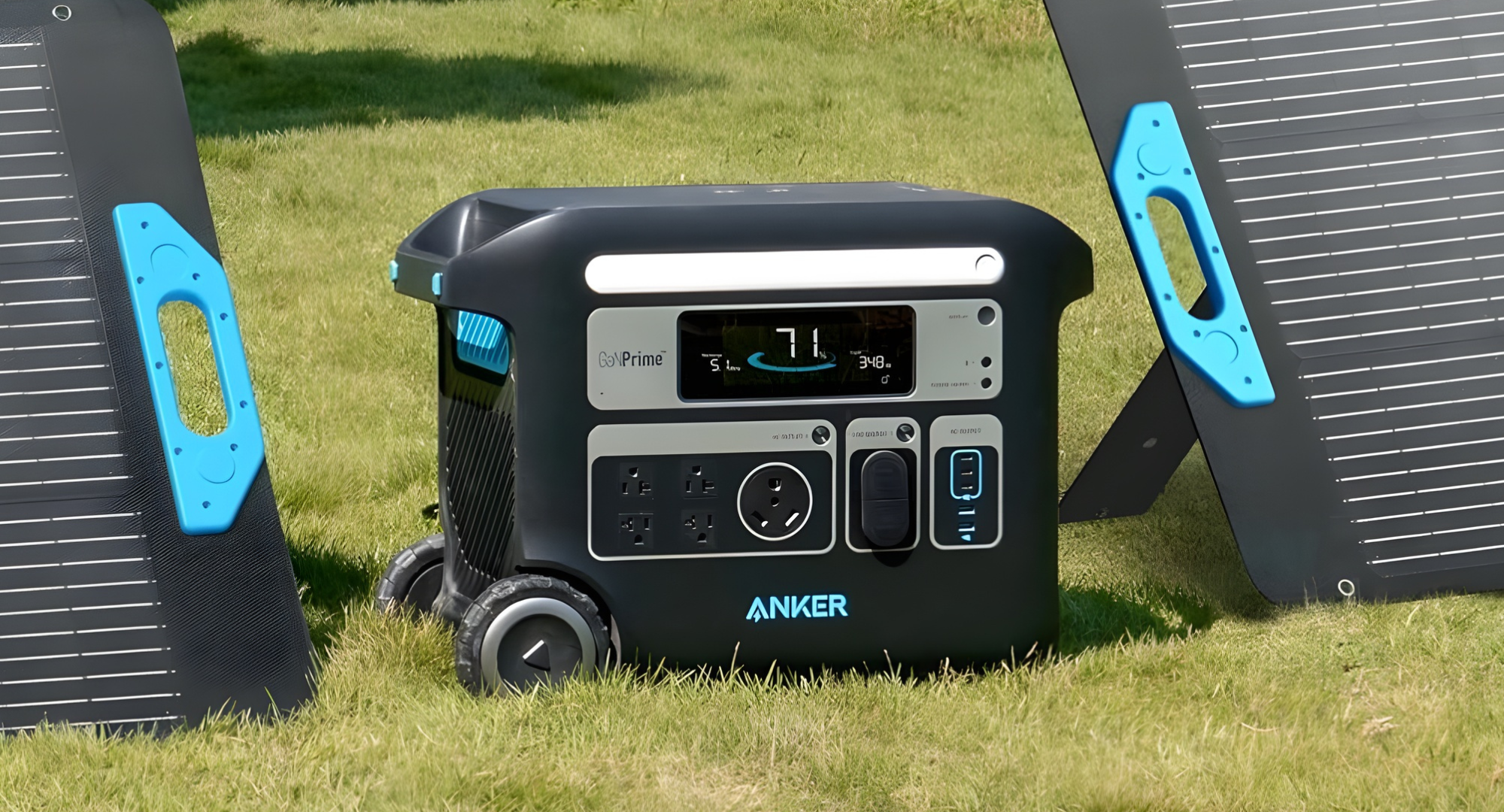 The Anker SOLIX F2000 Portable Power Station sitting on the grass. 