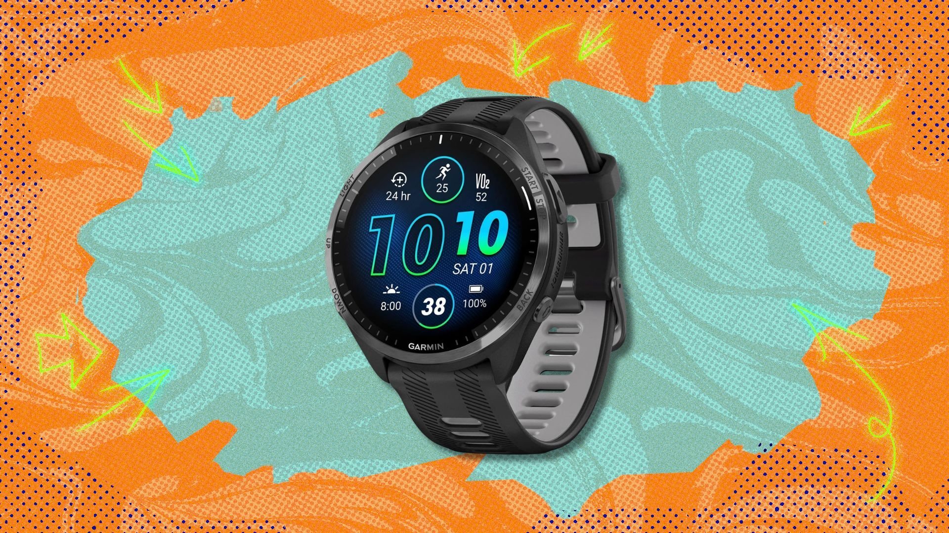garmin forerunner 965 against an orange and blue patterned background