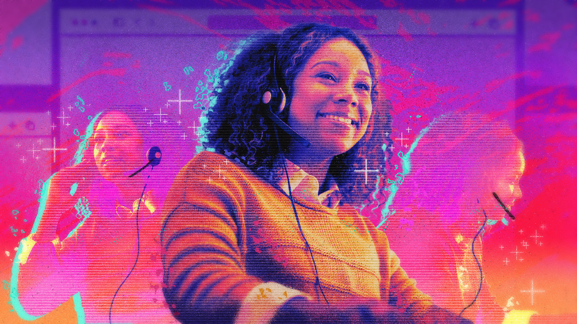 A woman wearing a headset.