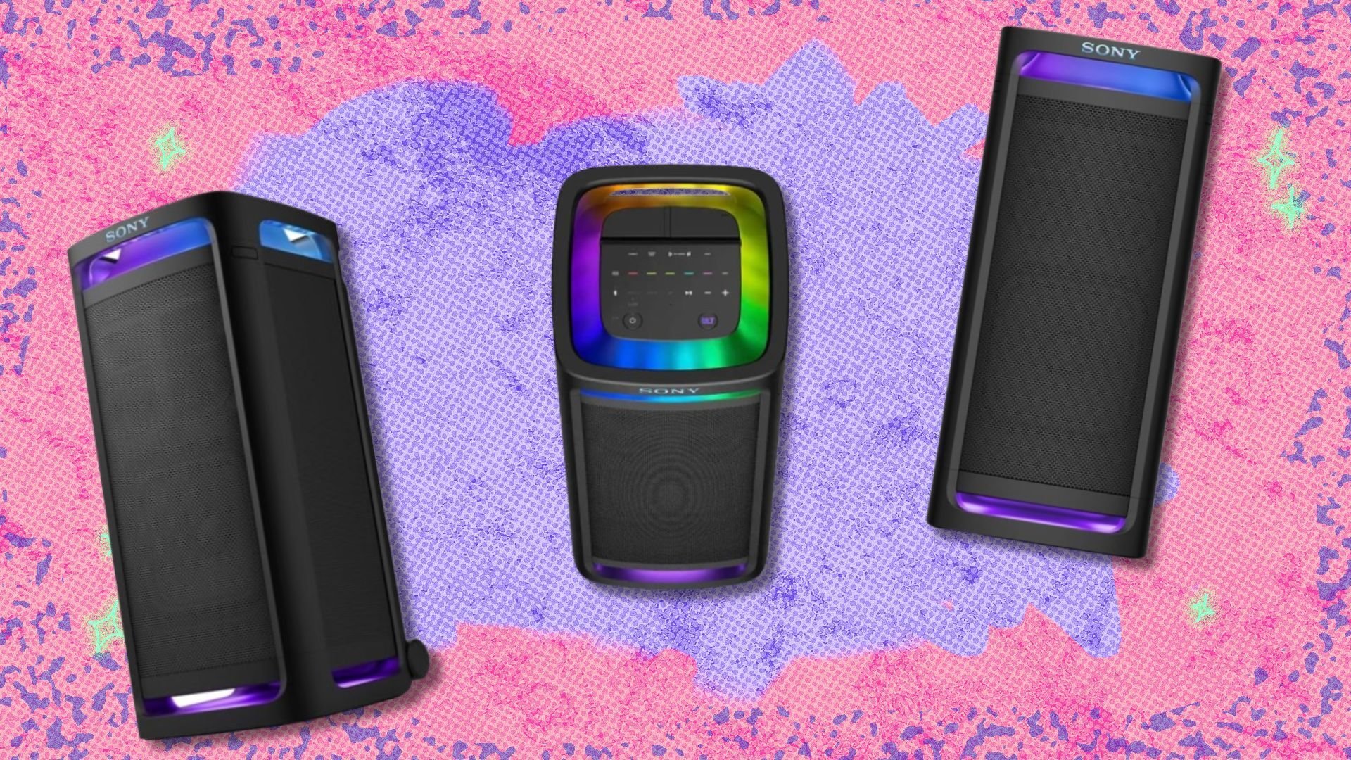 Sony ULT Tower 9 Bluetooth Karaoke Party Speaker  on a pink and purple background