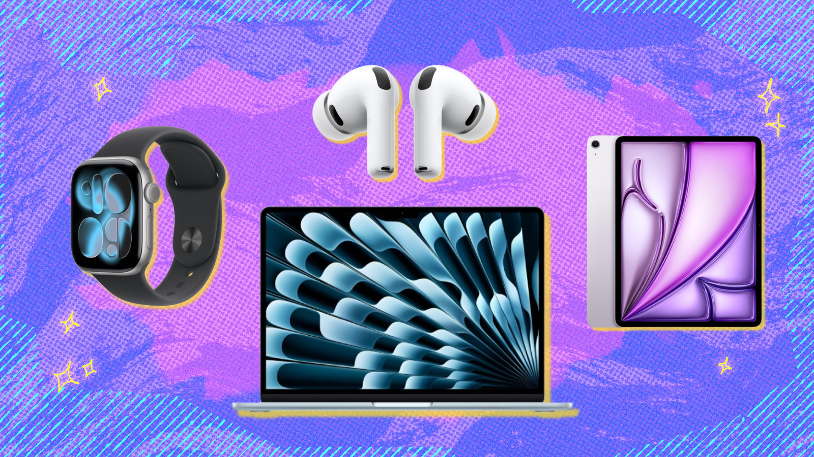 Apple products with purple abstract background