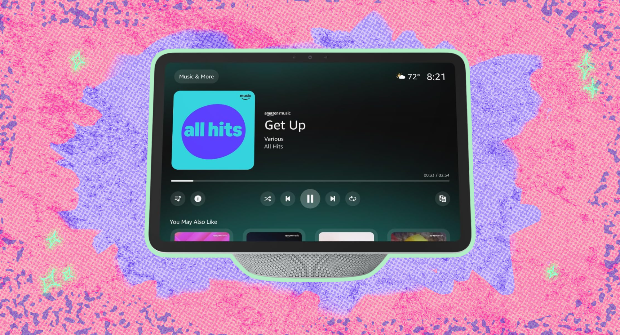 The Amazon Echo Show 11 against a colorful background. 