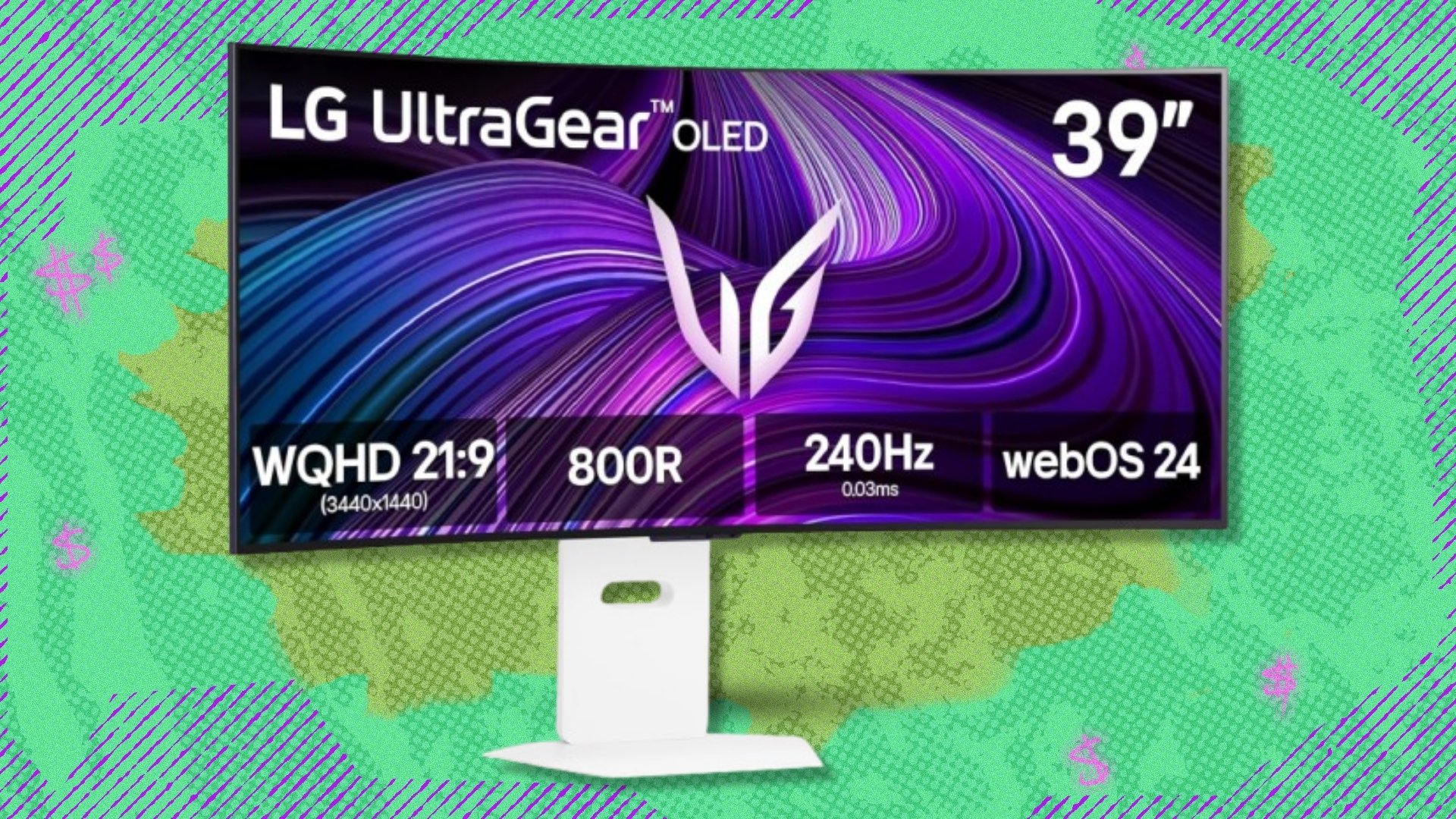 39-inch LG UltraGear OLED curved gaming monitor (39GX90SA-W model) on a green and purple background background