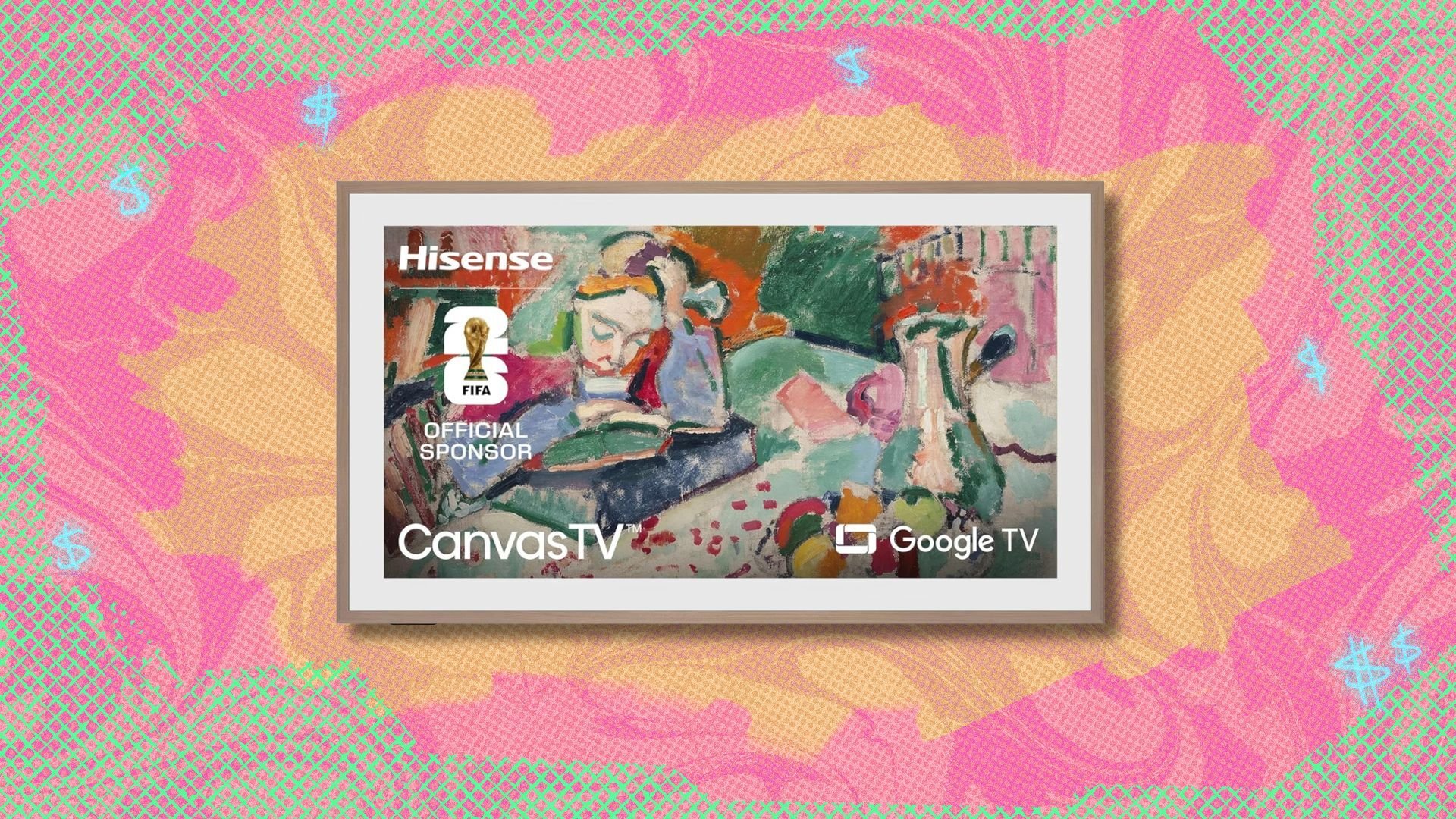 hisense 85-inch class qled 4k s7n canvastv against a yellow, pink, and green patterned background