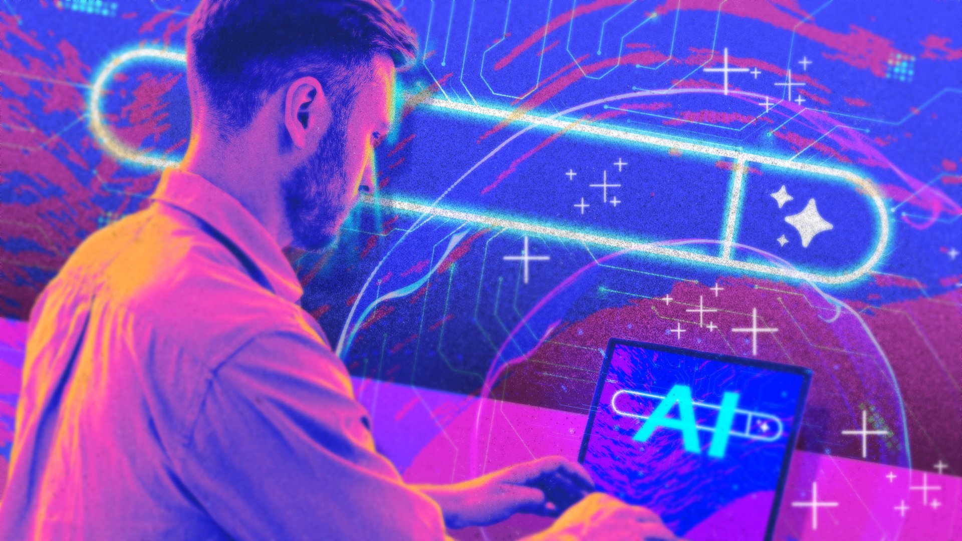 pop art illustration of man using laptop with the word 'AI' on screen