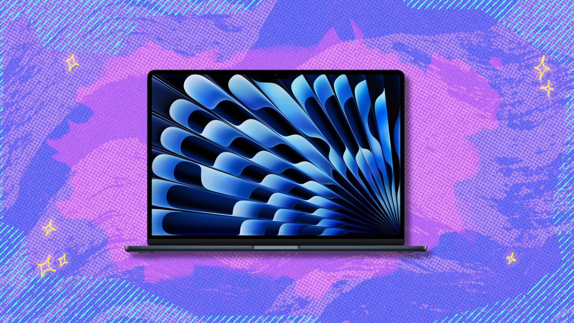 macbook air against a purple patterned background